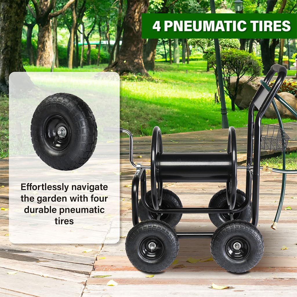 Garden Tools Hose Reel Cart, Heavy Duty Powder-Coated Steel Outdoor Planting with Storage Basket with Solid Tires Outside Portable Water Hose Organizer for Backyard, Garden, or Lawn,