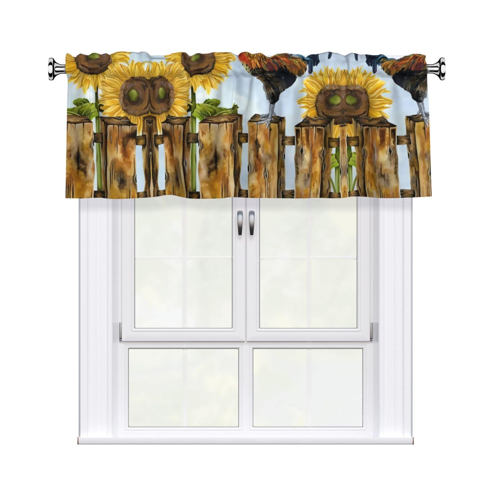 WHJSHOP Vintage Sunflower Rooster Prints Curtain Valance 54x18in - Peach Skin Kitchen Window Layer, Filtered Light & Quick-Install Rod Pocket Cover