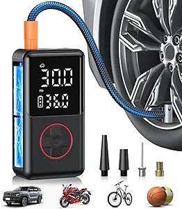 Tire Inflator Portable Air Compressor, Air Pump for Car, 150PSI Portable Tire Inflator, Mini Bike Pump with Pressure Gauge, LED Light for Cars, Bikes, Motorcycle, Balls(Red)