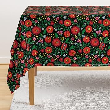 60" X 90" Folk Art Florals Tablecloth - Hungarian Folk Art - Scandi Hygge Red and Green Tablecloth