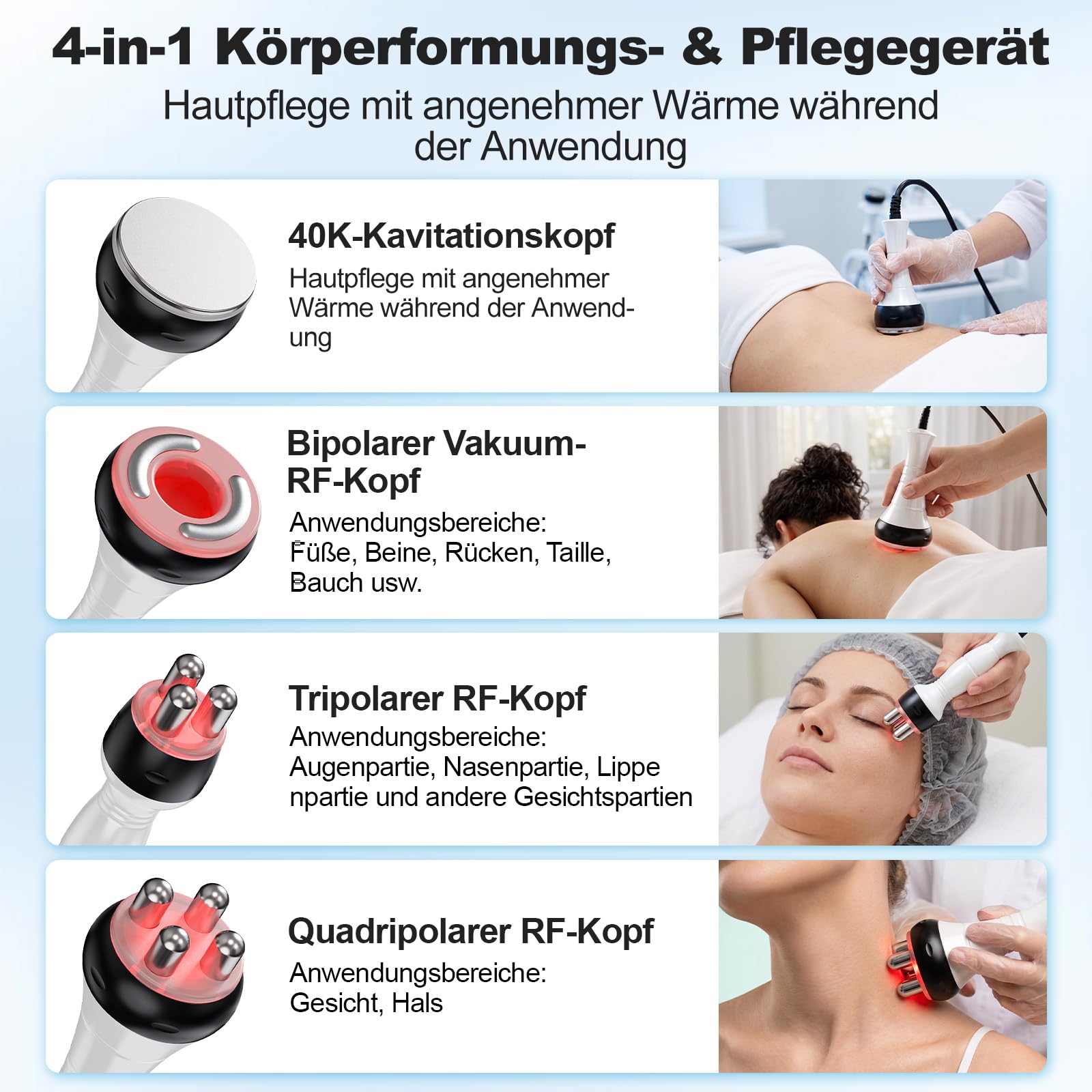4-in-1 Massagegerät Kavitation Radiofrequenz Körper & Gesicht 40K | 4-in-1 mit Ultraschall-Kavitation & RF, strafft & modelliert Körper und Gesicht, professionelle Pflege für zu Hause.