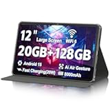 Android 15 Tablet, 12 inch 2000x1200 2K Touch Screen, 20GB RAM 128GB ROM 1TB Expansion, Gemini Ai A733 Octa-Core Processor, 5MP+13MP Dual Camera, WiFi6, BT5.0, 8000mAh Battery, Metal Grey with Case