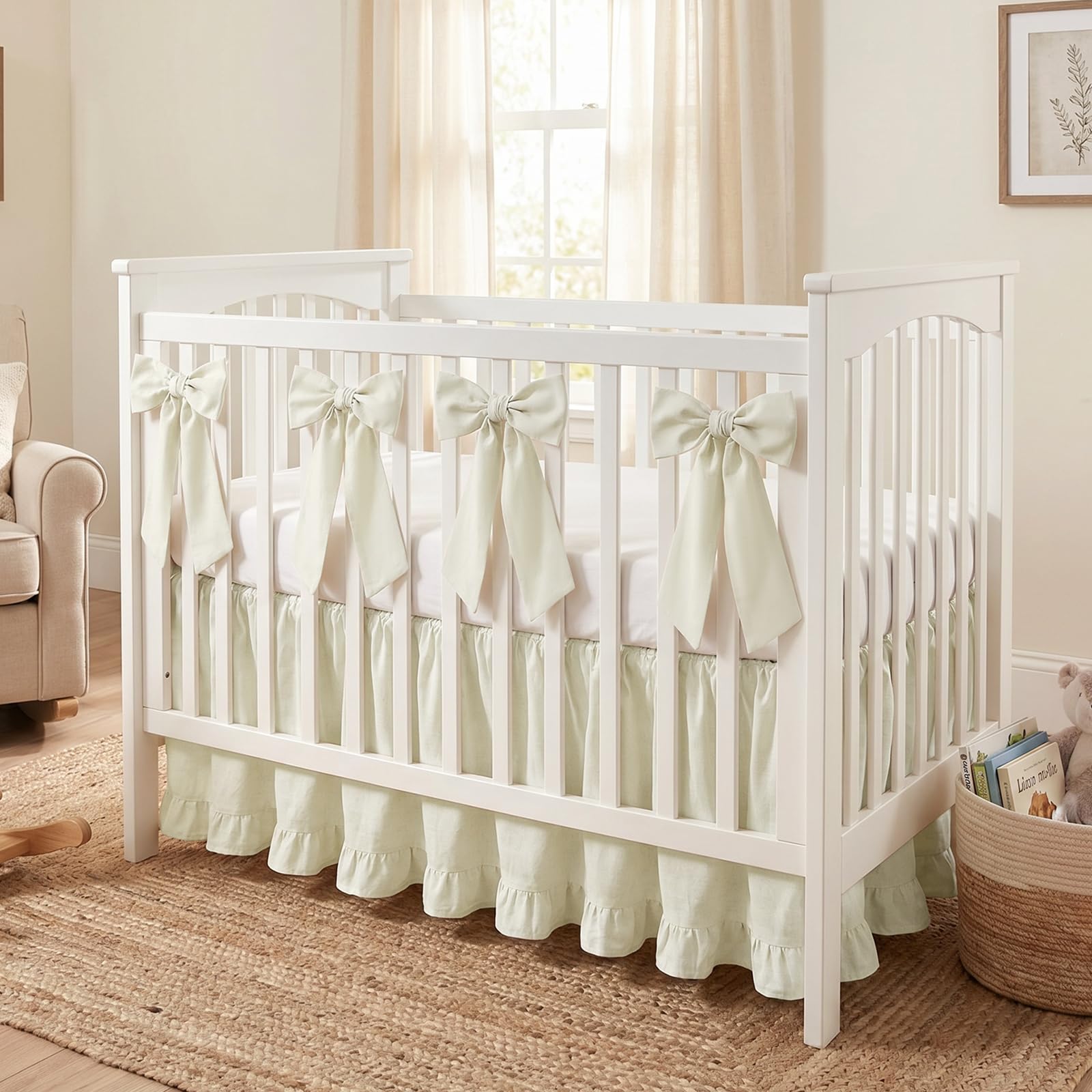 Smoothnovelty Beige Crib Bed Skirts with 4 Large Cot Bow 28" x 52",14" Drop