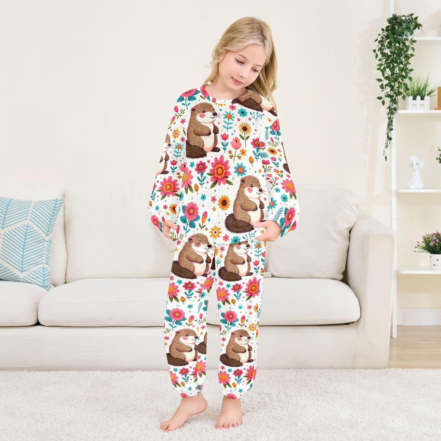 Kids Flannel Sets Cartoon Gophers and Flowers Warm Plush Relaxed Clothing for Boys and Girls