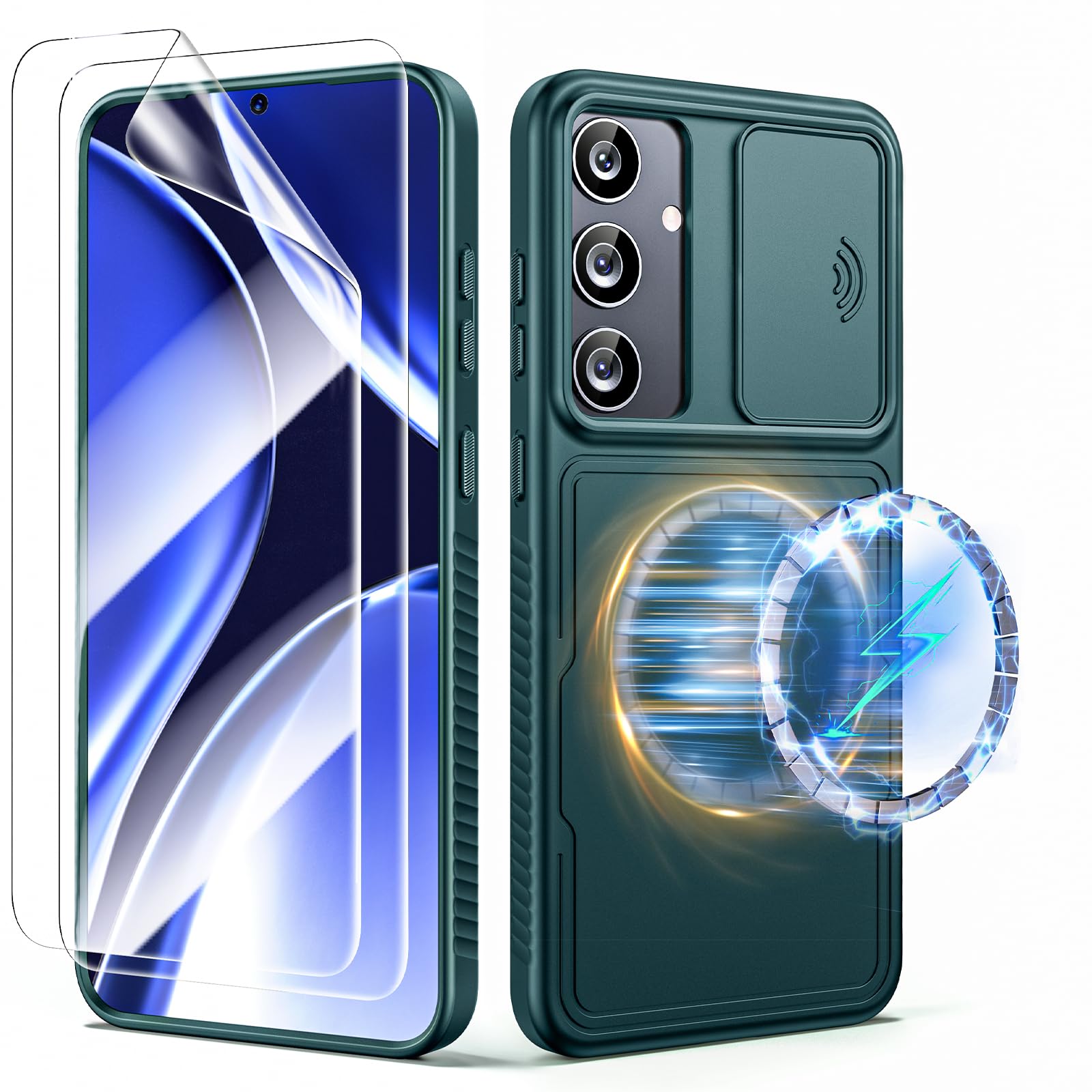 Photo 1 of 3 in 1 Magnetic for Samsung Galaxy S24 Plus Case with Slide Camera Cover [Compatible with MagSafe] [2X Screen Protectors] [Mil-Grade Shockproof] Slim Phone Case for S24 Plus Case 6.7" Green