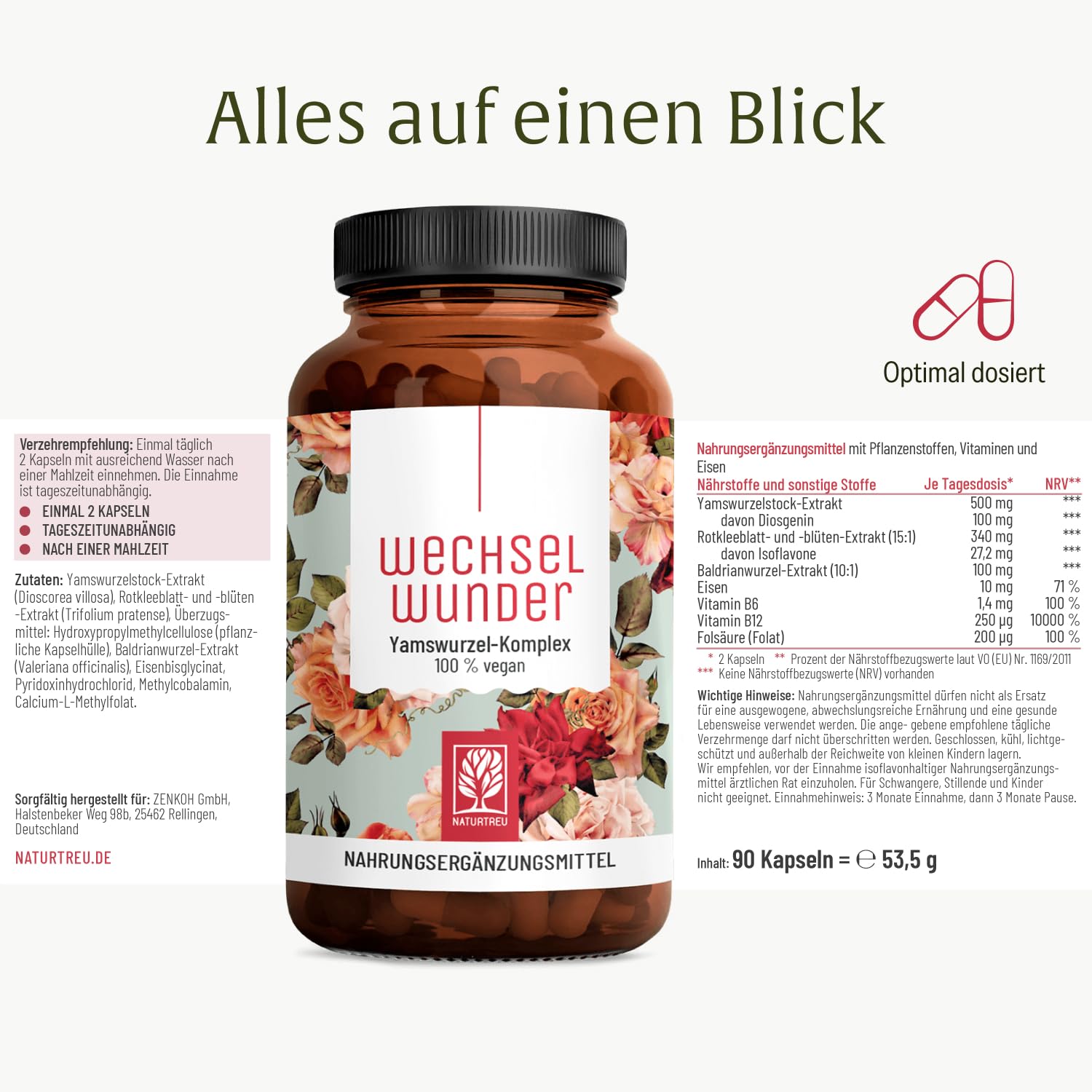NATURTREU® WECHSELWUNDER - 500mg Yamswurzel mit 340mg Rotklee, Baldrian, Eisen, Vitamin B9 und B12 Kapseln hochdosiert - 90 Kapseln