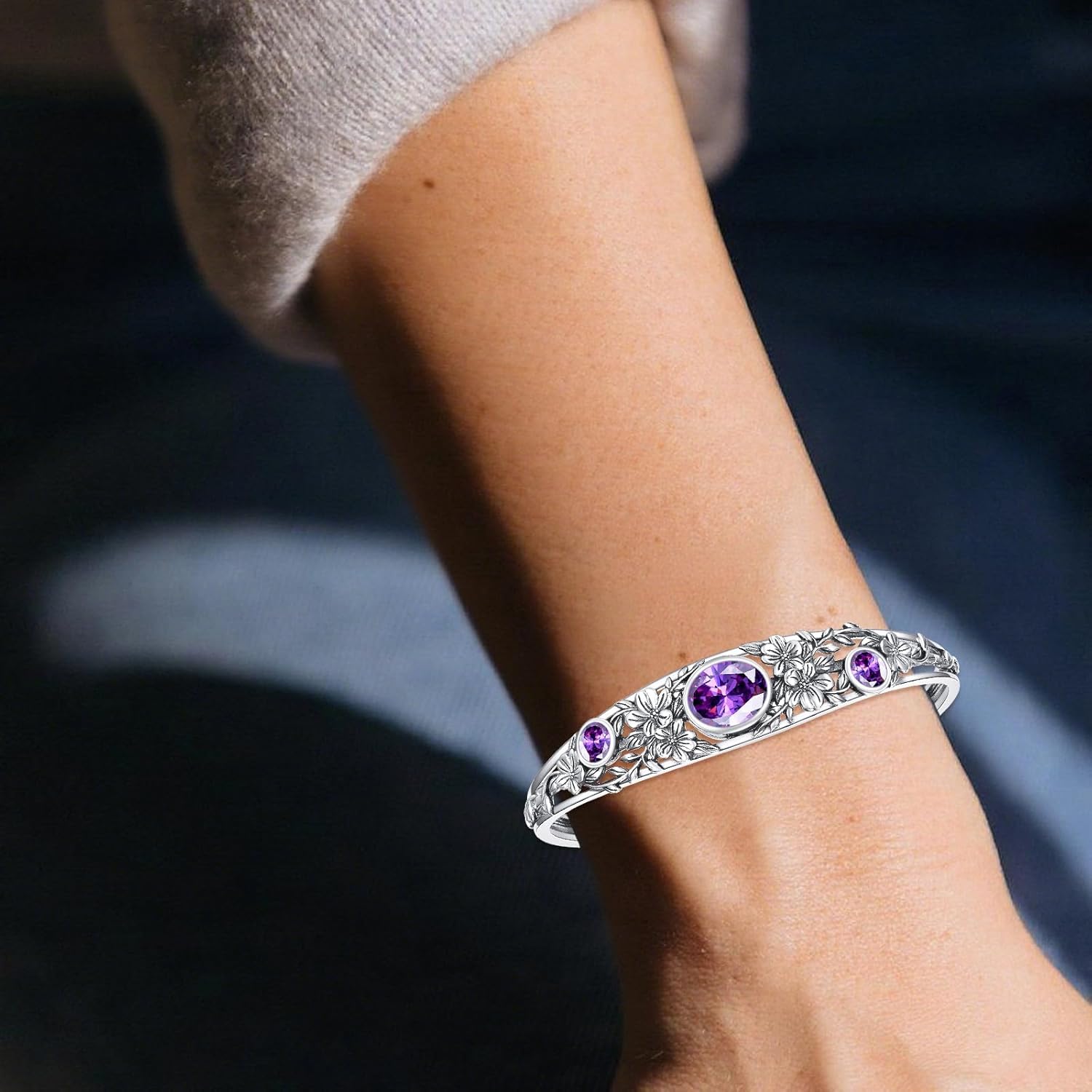 Amethyst Floral Cuff Bracelet Sterling Silver Adjustable Bohemian Bangle, February Birthstone Gift for Her Purple Crystal Healing Jewelry