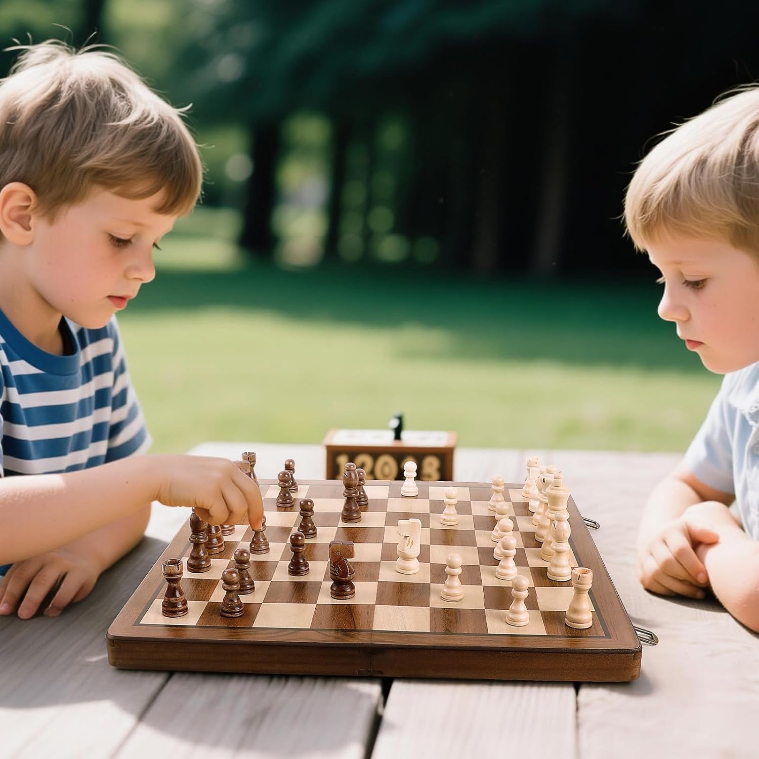 Magnetic Wooden Chess Set, 2 Extra Queens, 15'' Folding Portable Travel Chessboard with Chess Pieces Storage Slots for Professional Tournament Beginner Adults Kids, 6 up Age, DUR-001