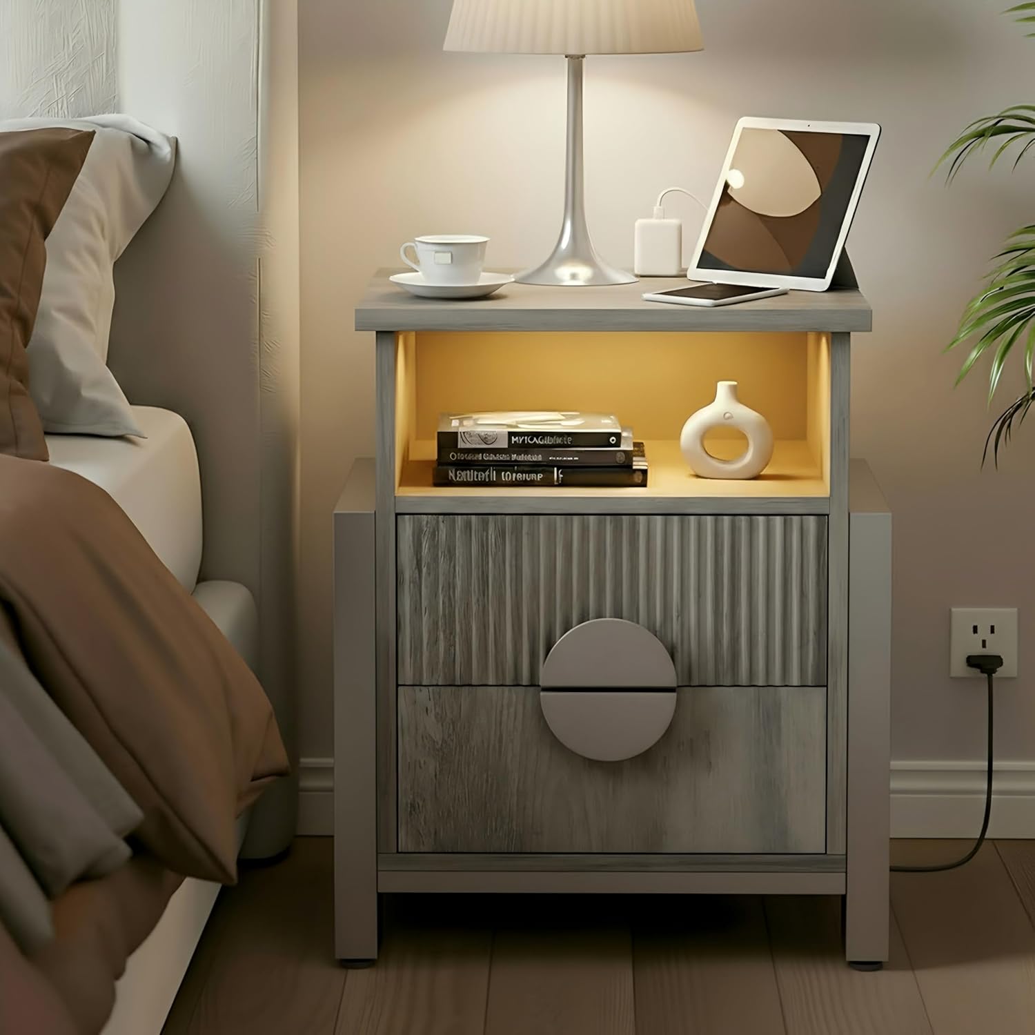 Fluted Nightstand with Charging Station and LED Lights, 20" Night Stand with 2 Drawers, Large Bed Side Table with Raising Legs and Curved Profile Design for Bedroom, Grey
