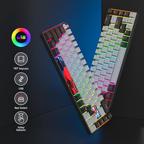 Miniatura 3 de Protable - Teclado mecánico para juegos al 60%, mini compacto RGB retroiluminado 68 teclas, teclado de oficina con cable con interruptor rojo para