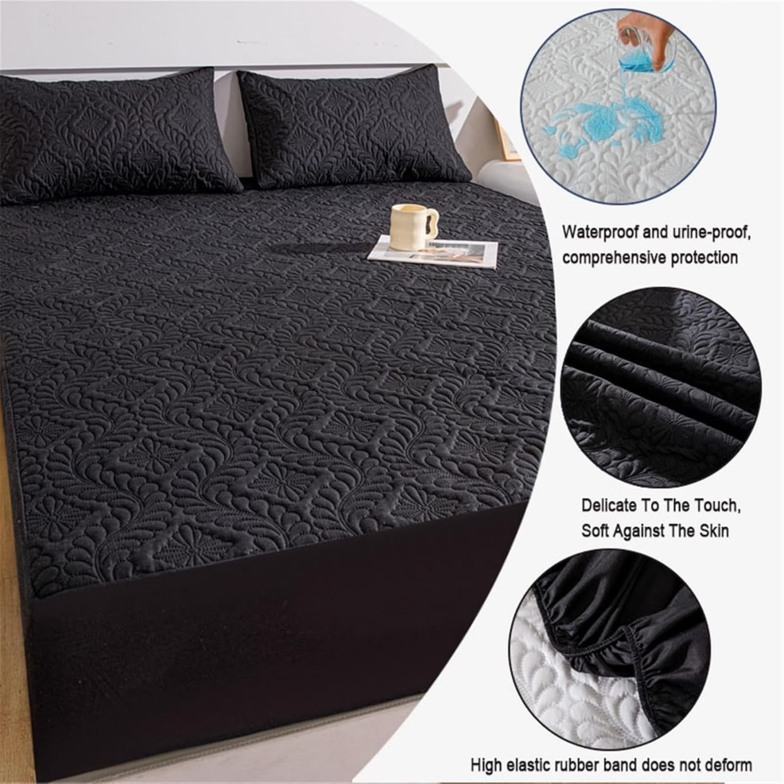 Oddychający wodoodporny ochraniacz na materac w rozmiarze king size, hipoalergiczny pikowany pokrowiec o głębokości 25 cm, ultramiękka podkładka na łóżko z mikrofibry, czarny, 160 x 200 cm
