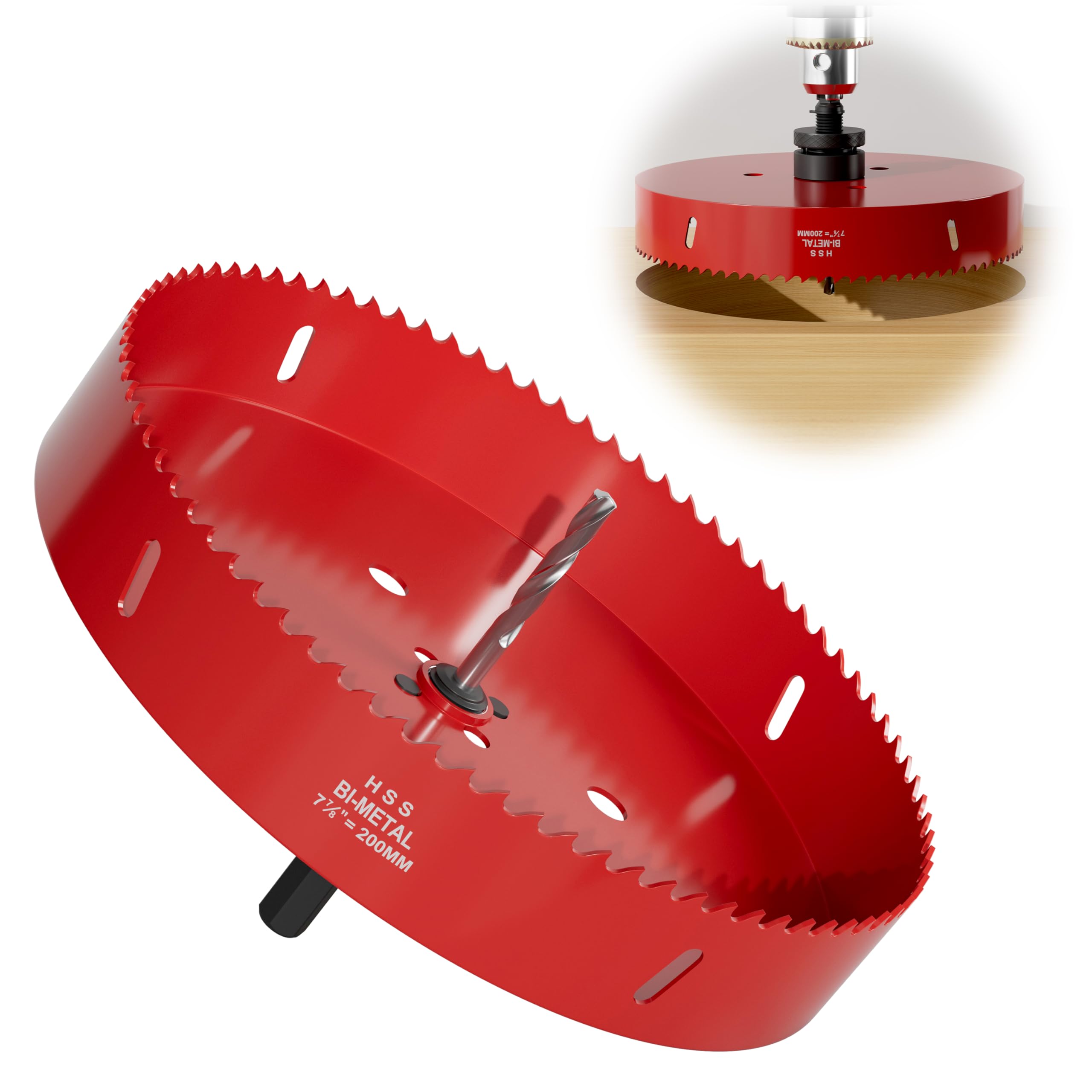 7-7/8" (200mm) Bi-Metal M42 High Speed Steel Hole Saw with Pilot Drill Bit, Smooth Cutting Edge for PVC, Drywall, Wood, Plastic, Gypsum Board, Rubber,