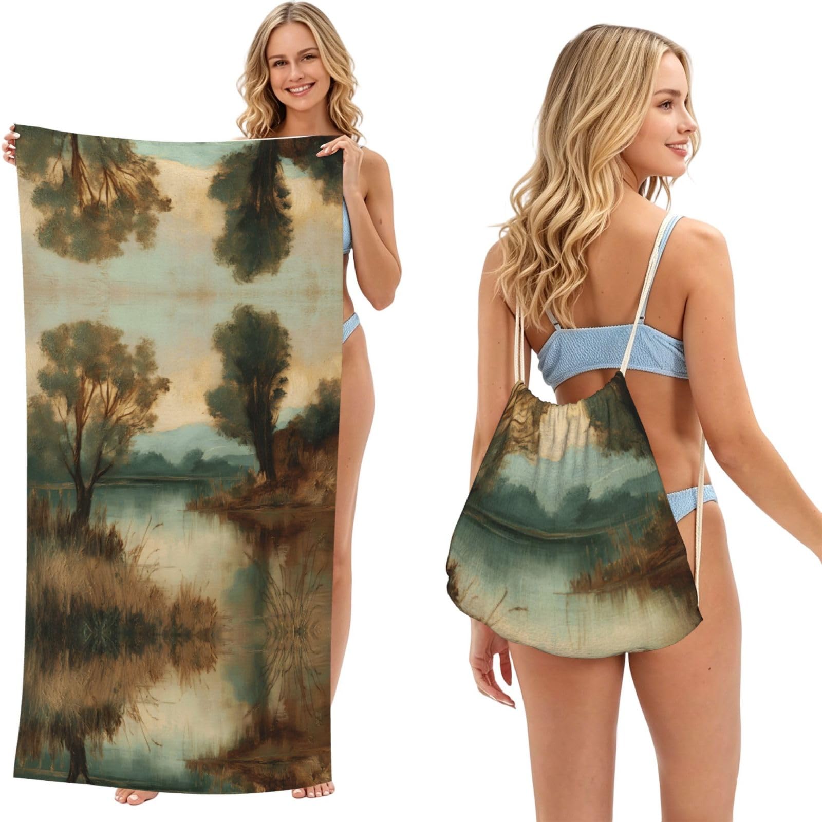 ESNAIUVCD Lake Landscape Print Beach Towel For Adults,Towel With Drawstring Bag, Travel Pool Swimming Sports Shower Sand Free Quick Dry Bath Towel For Pool, Beach, Yoga- 180x60cm