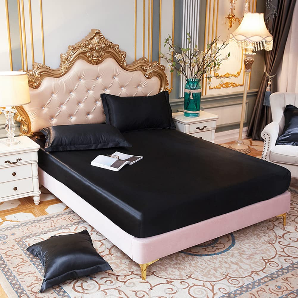 Premium Satin Silk Fitted Sheet,King/Single/Double Bed Sheet,Elastic Fitted,Waterproof Matress Cover,Breathable and Silky,Anti-Slip