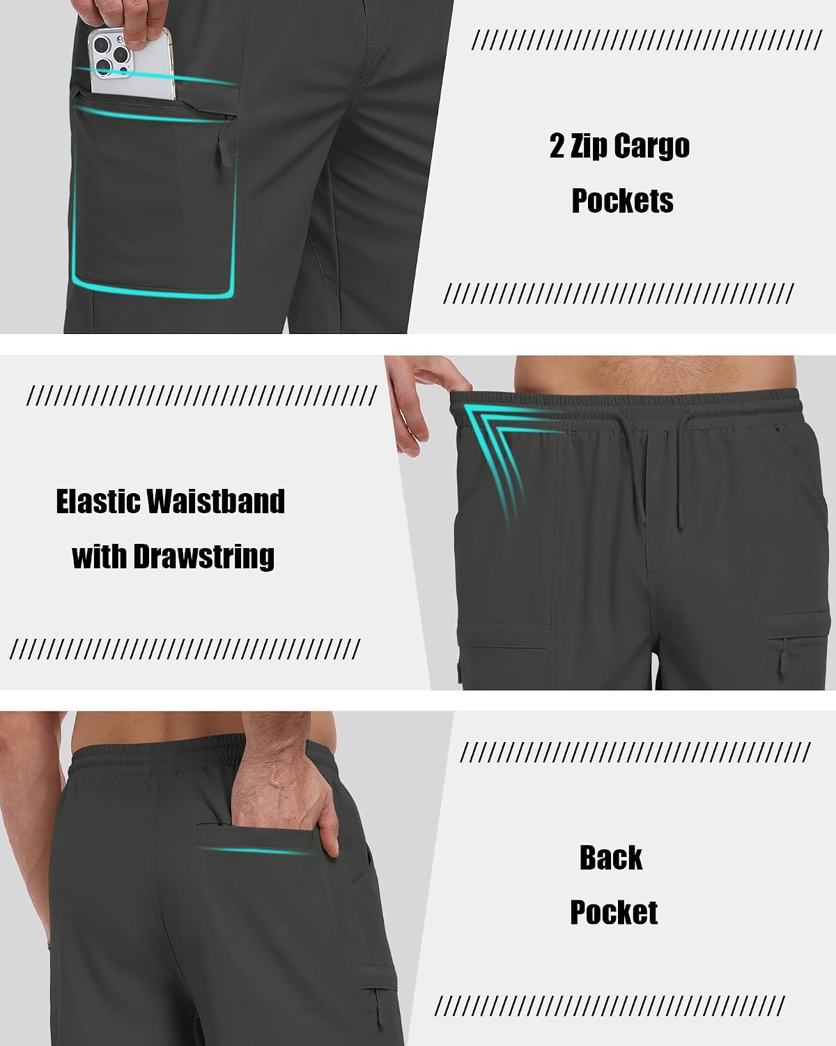 Men's Stretch Cargo Shorts Drawstring Elastic Waist Outdoor Work Hiking Athletic Shorts with 5 Pockets