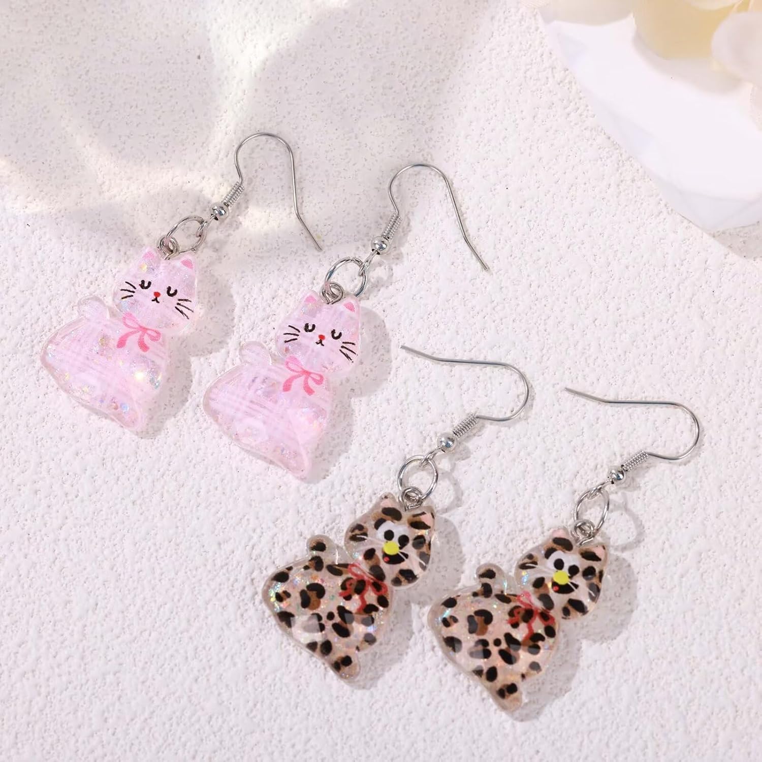 Todu Cat Earrings Cute Bow Pink Leopard Print Cat Earrings for Women Cartoon Acrylic Drop Dangle Birthday Party Jewelry - Image 3