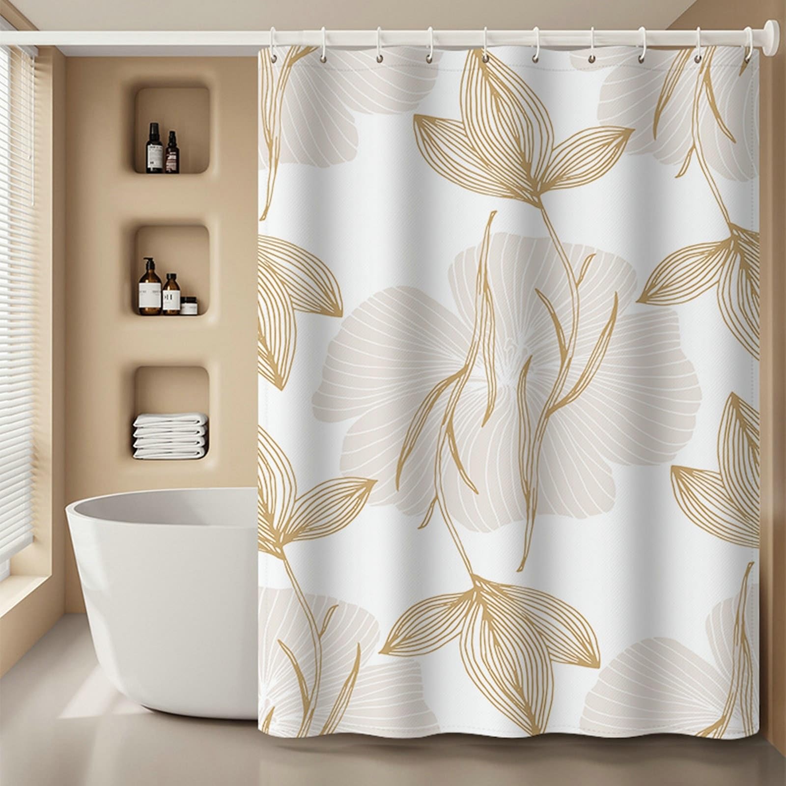 Cortina de ducha de 180 x 180 cm, color blanco y amarillo, diseño de flores, de poliéster, antimoho, resistente al agua y de secado rápido, lavable a máquina, 1,8 x 1,8 m de largo (ancho x