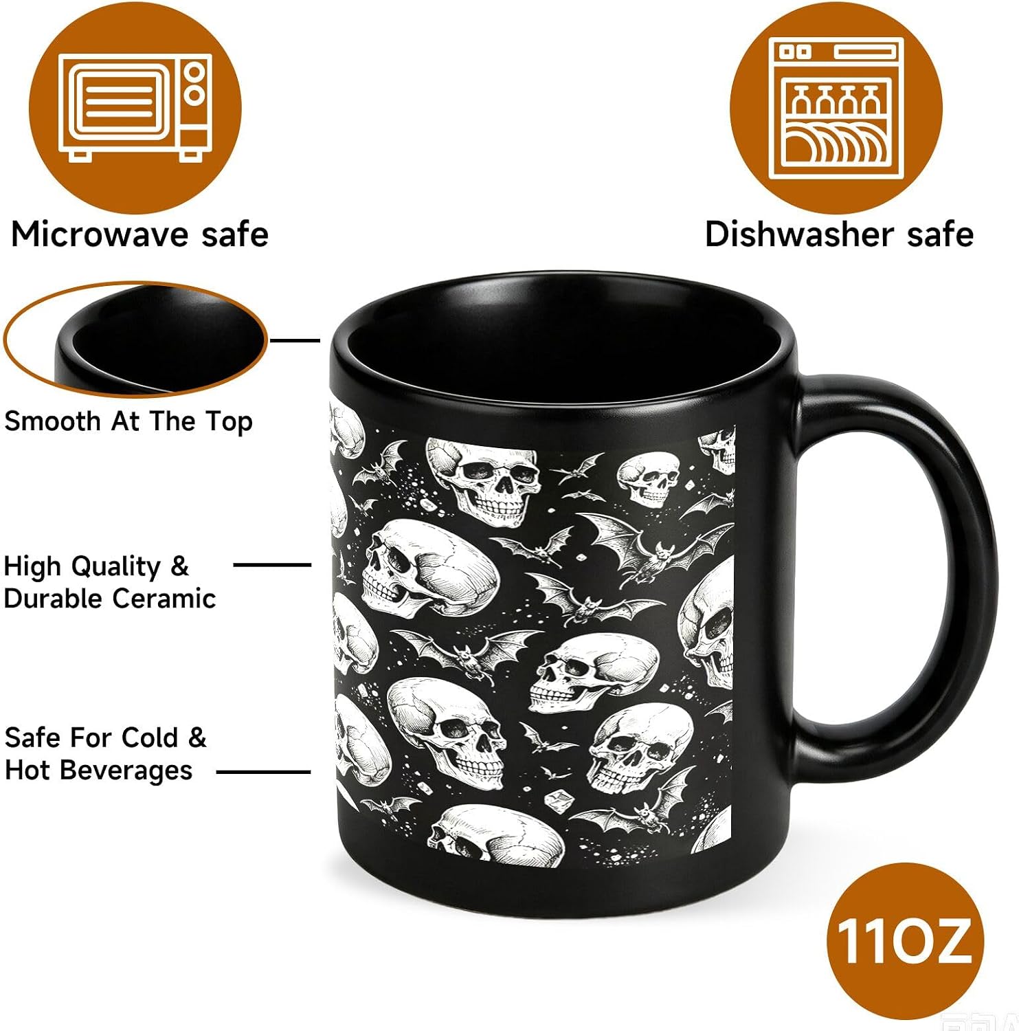 Halloween Skull Mug,Gothic Spooky Skeleton Ceramic Black Cup 11OZ image 3