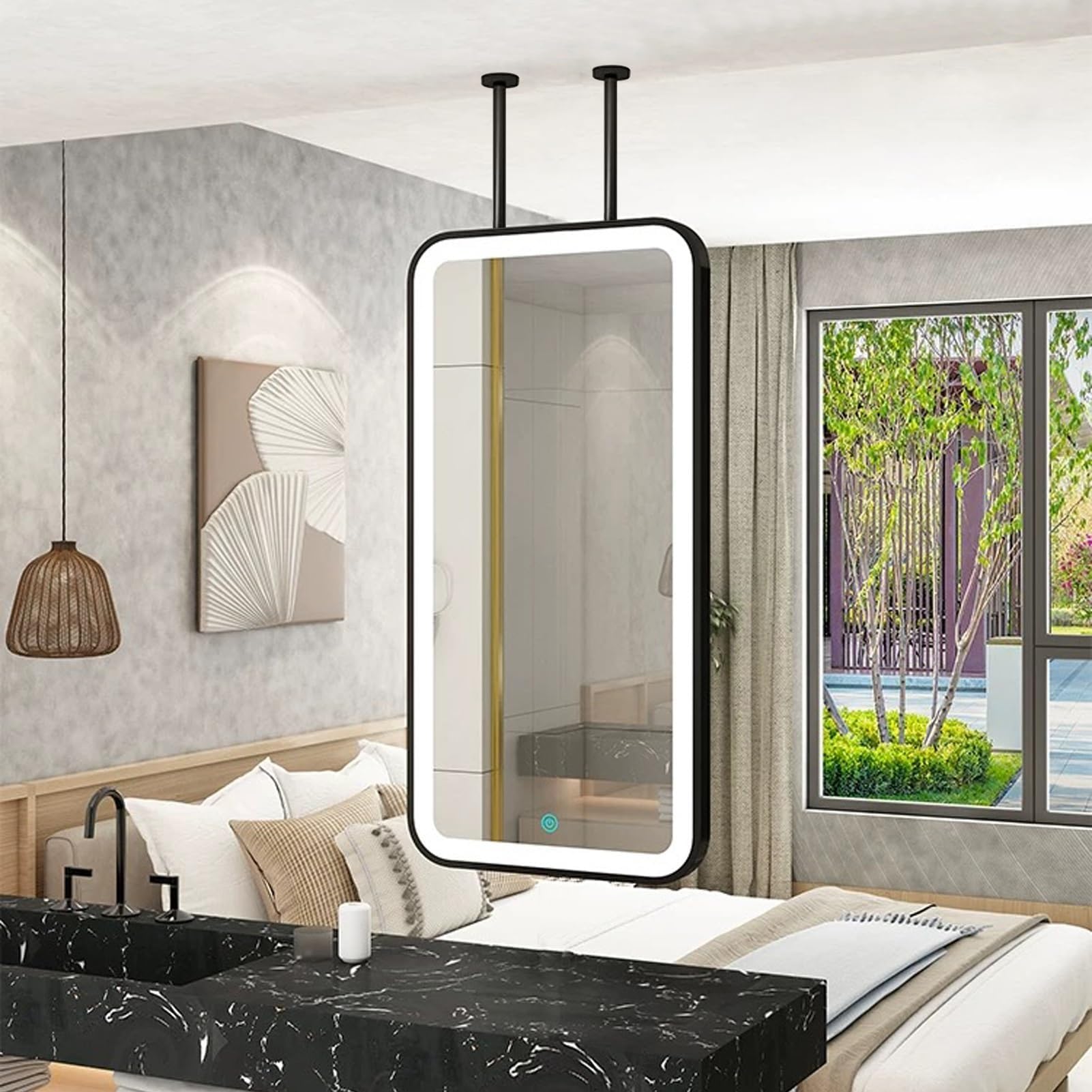 QICBYING Ceiling Hanging Bathroom Mirror With LED Lights, Rectangular Ceiling-Mounted Mirror, LED-lit Decorative Mirrors, HD Glass Mirror 3-Color Dimmable Lights, For Makeup, Shaving(50x80CM)
