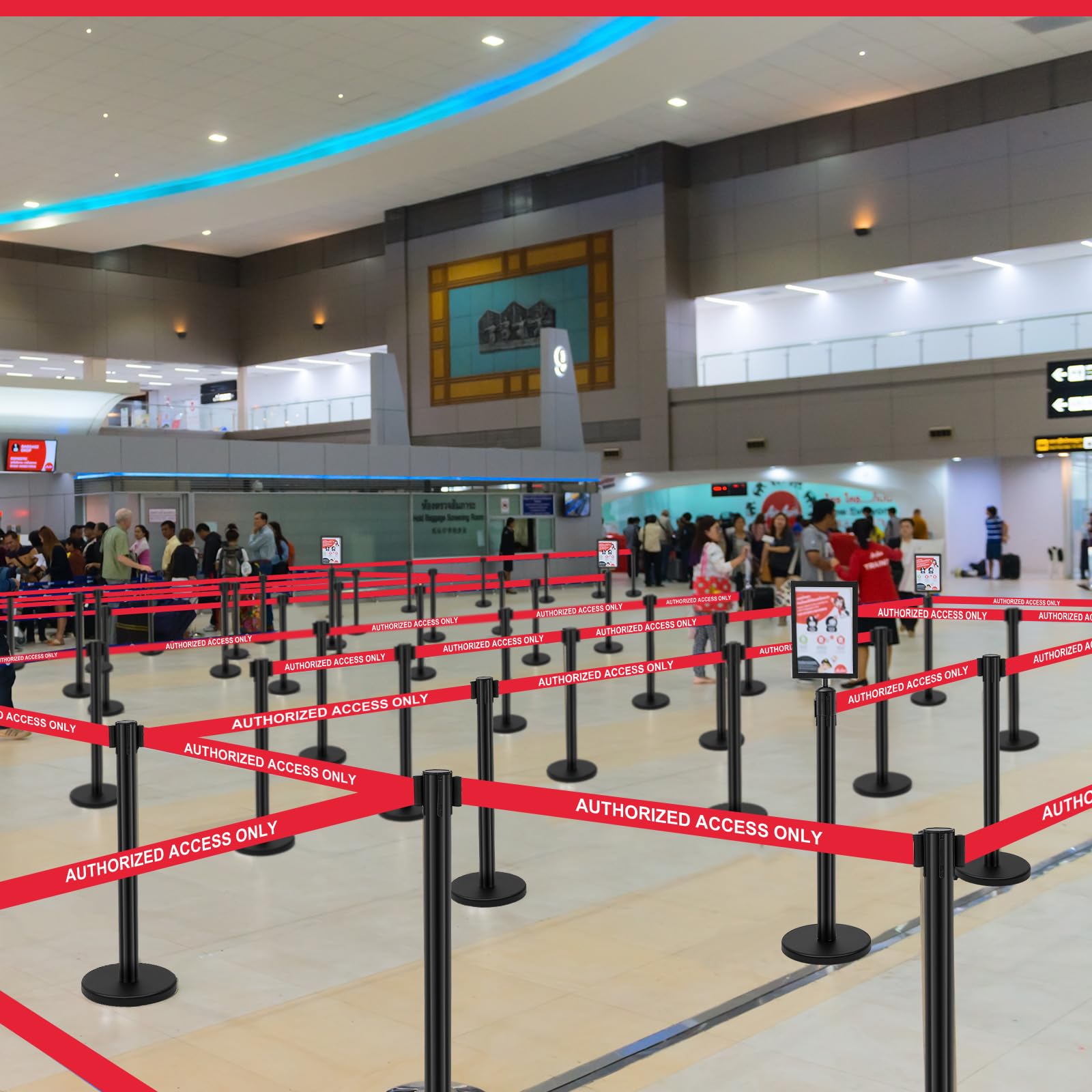 Therwen 6 Pack Heavy Duty Crowd Control Stanchions 9.8 ft Stainless Steel Stanchion Set with 6 Safety Barrier Post Retractable Belt and 1 Sign Holder Crowd Control Barrier (Black,Authorized Belt)