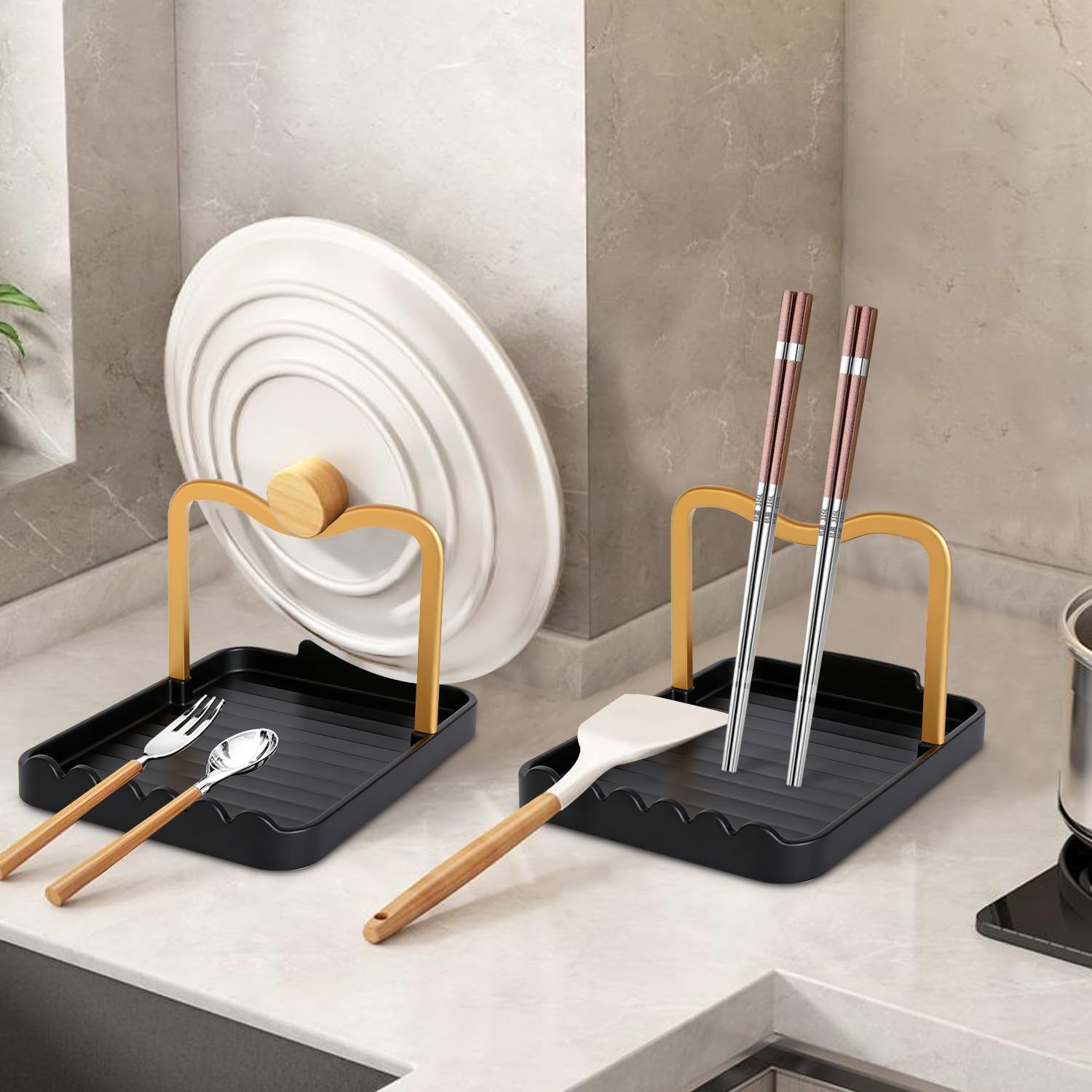 Ysks'hf spoon holder and pot lid holder，stainless steel，Kitchen Utensil Rest, scraper holder & pot holder，Spoon Holder for Stove Top - Kitchen Utensil Holder for Ladles & Tongs (Gold Black)