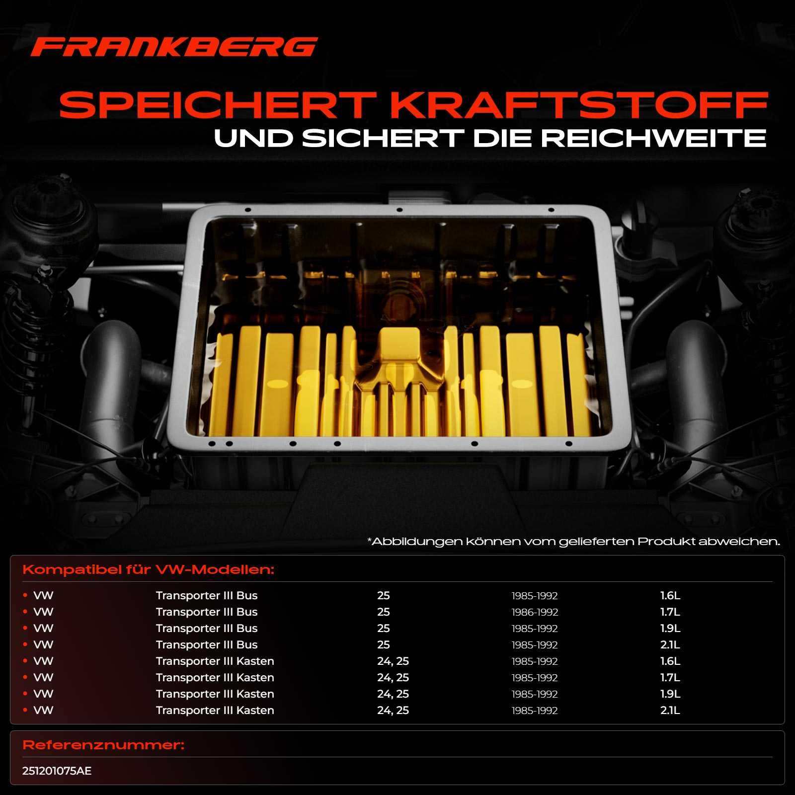 Frankberg Kraftstofftank 60L mit Dichtungen Kompatibel mit Transporter III Bus 25 1.9L 2.1L Benzin 1985-1992 Transporter III Kasten 24 25 1.6L 1.7L Diesel 1985-1992 Replace# 7700120750