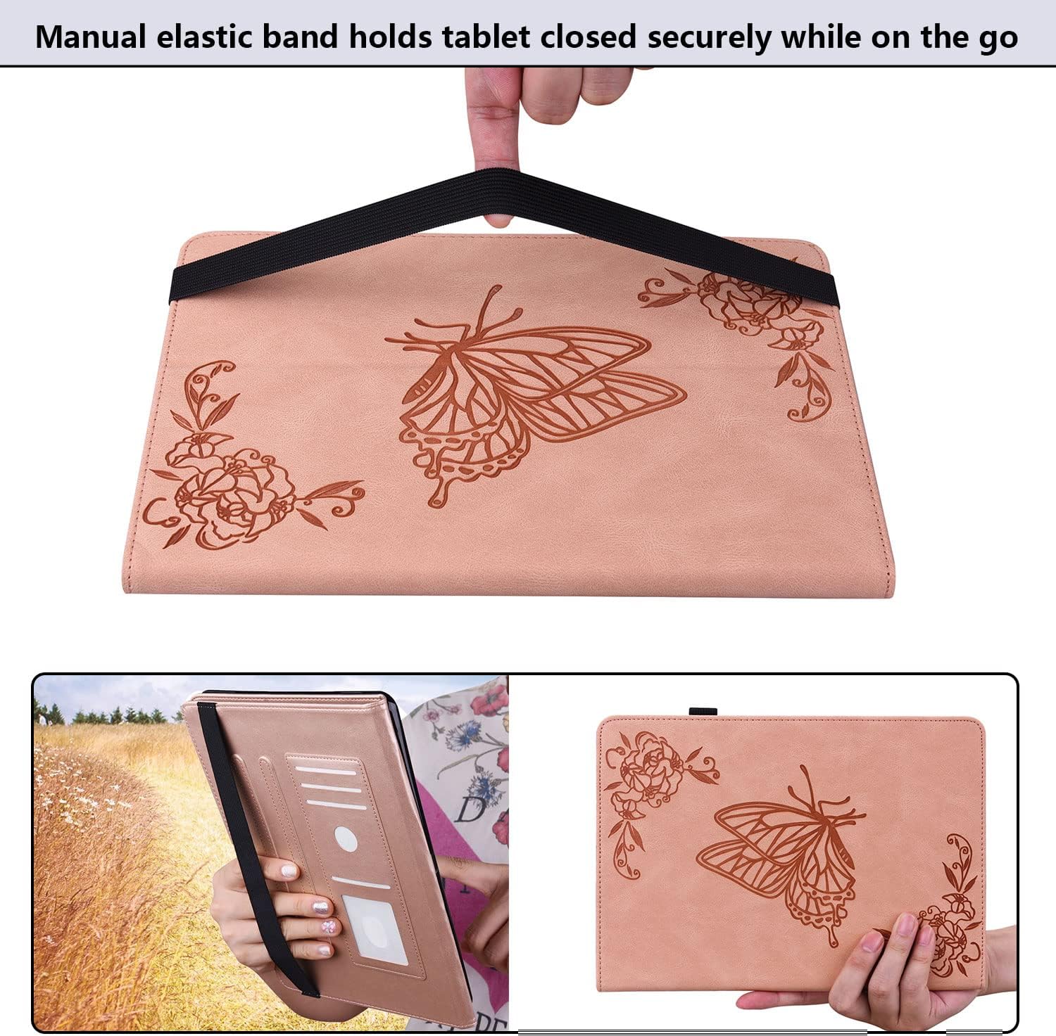 Fire HD 10 Case 9th/7th/5th Generation 10.1" (2019/2017/2015), Slim Folio Stand Wallet with Pencil Holder Elastic Band [Auto Sleep/Wake] Embossed PU Leather Cover, Pink Flower Butterfly