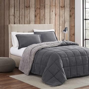 Eddie Bauer - King Comforter Set, Microsuede Bedding with Soft Sherpa Reverse, 3 Piece Bed Set with Matching Pillowcases (Sherwood Grey)