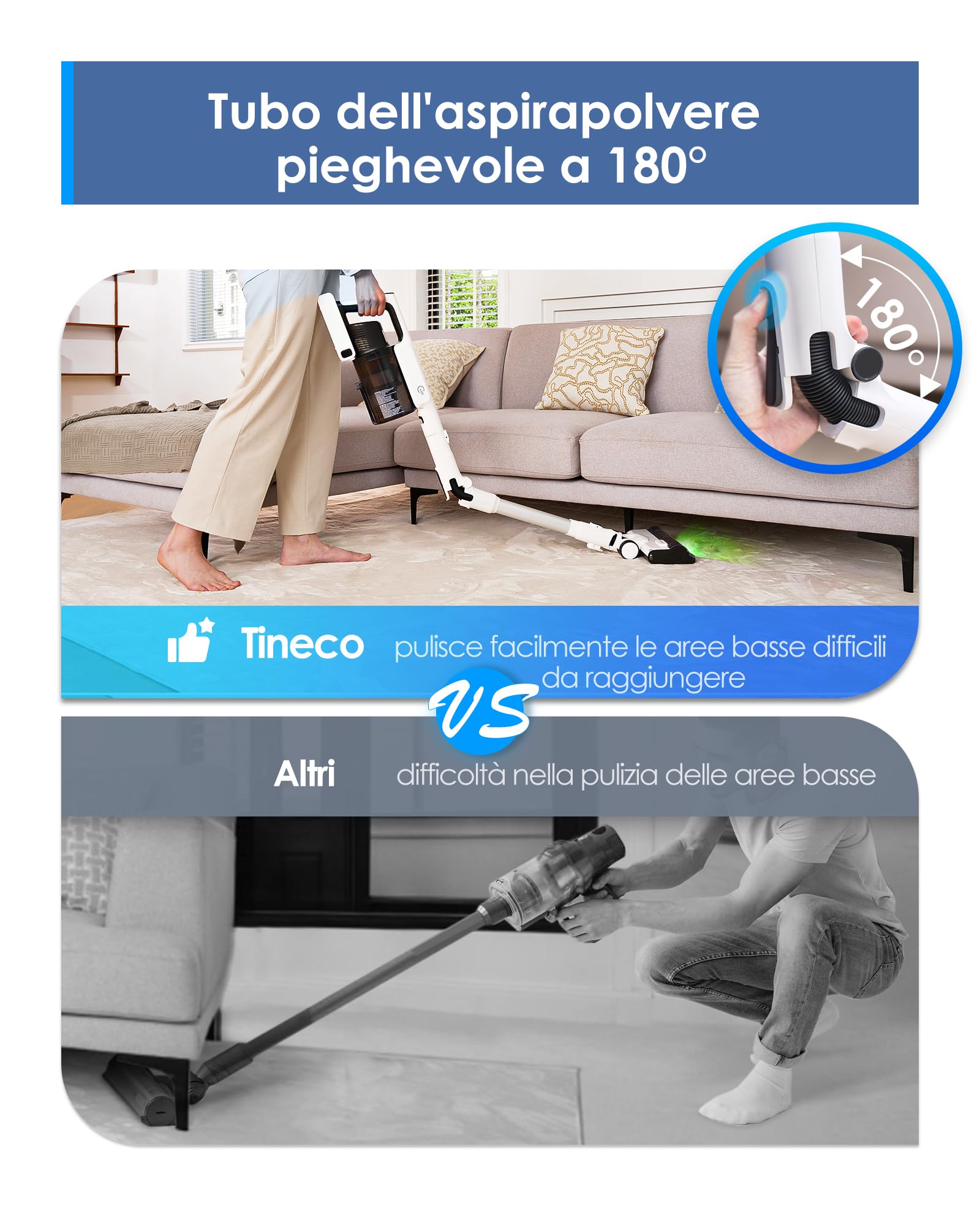 Tineco Pure One A50S Plus Aspirapolvere Senza Fili, 185W di Potenza di Aspirazione, 70 Minuti di Autonomia, Serbatoio Polvere da 1L, Spazzola 3DSense, Gestisce Facilmente Sporco di Grandi Dimensioni