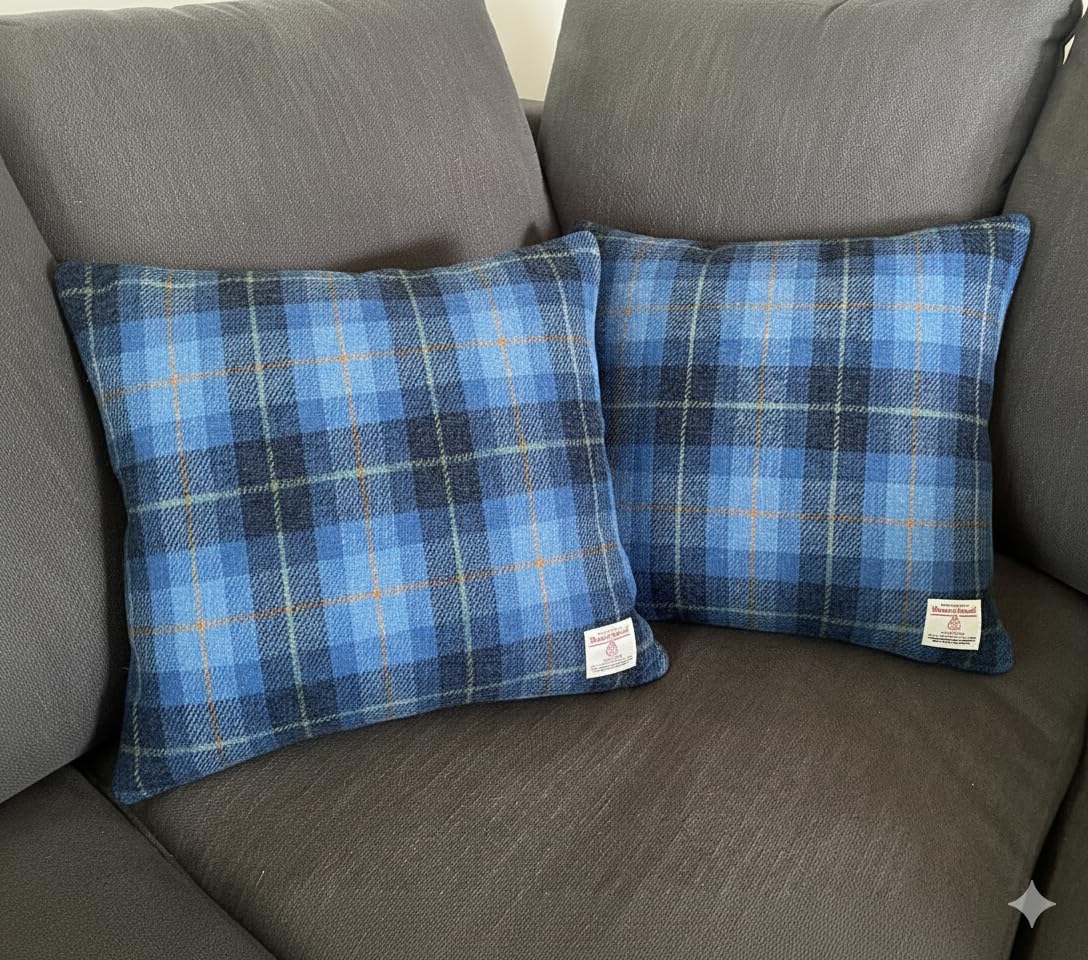 Harris Tweed Kissenbezug, doppelseitig, quadratisch, Schottenkaro, Blau