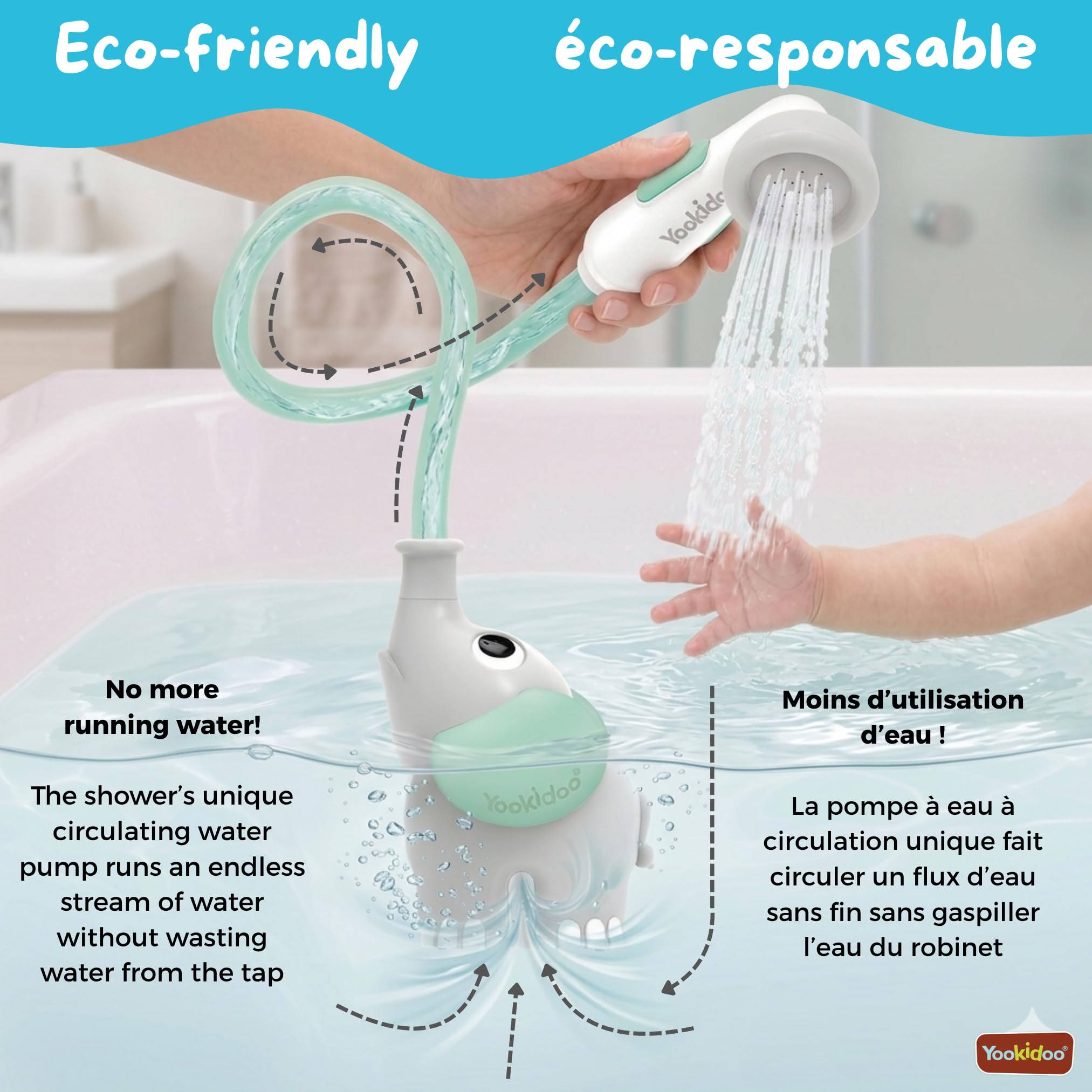 Yookidoo – Ducha de baño elefante gris y verde – Juguete de baño para bebé – Juego de baño y ducha despertar de los sentidos – Manguera de rociador de juguete de baño para bebé – Regalo de bebé de 0 a