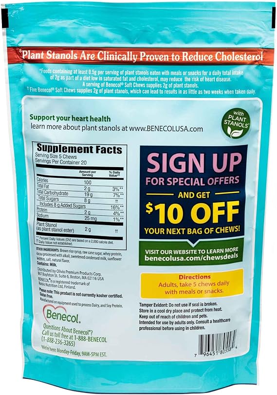 Benecol Soft Chews New Easy Bite Chew with Plant Stanols Clinically Proven to Help Lower Cholesterol Chocolate Flavor 100 Count Pouch