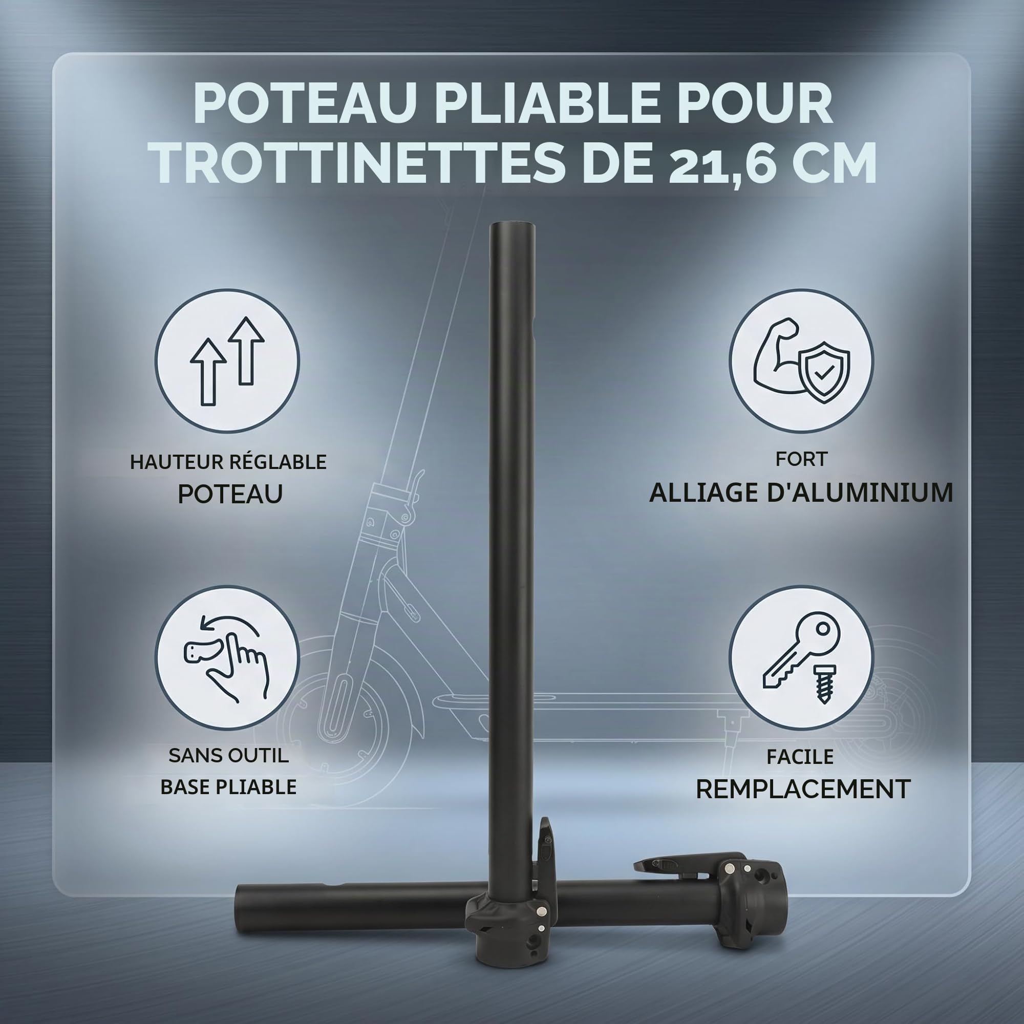 Poteau Pliant pour Scooter Électrique, Aluminium Léger, Installation Facile, Régulation en Hauteur, Base à Dégagement Rapide, pour Déplacements Urbains, Étudiants, Travailleurs, Loisirs.
