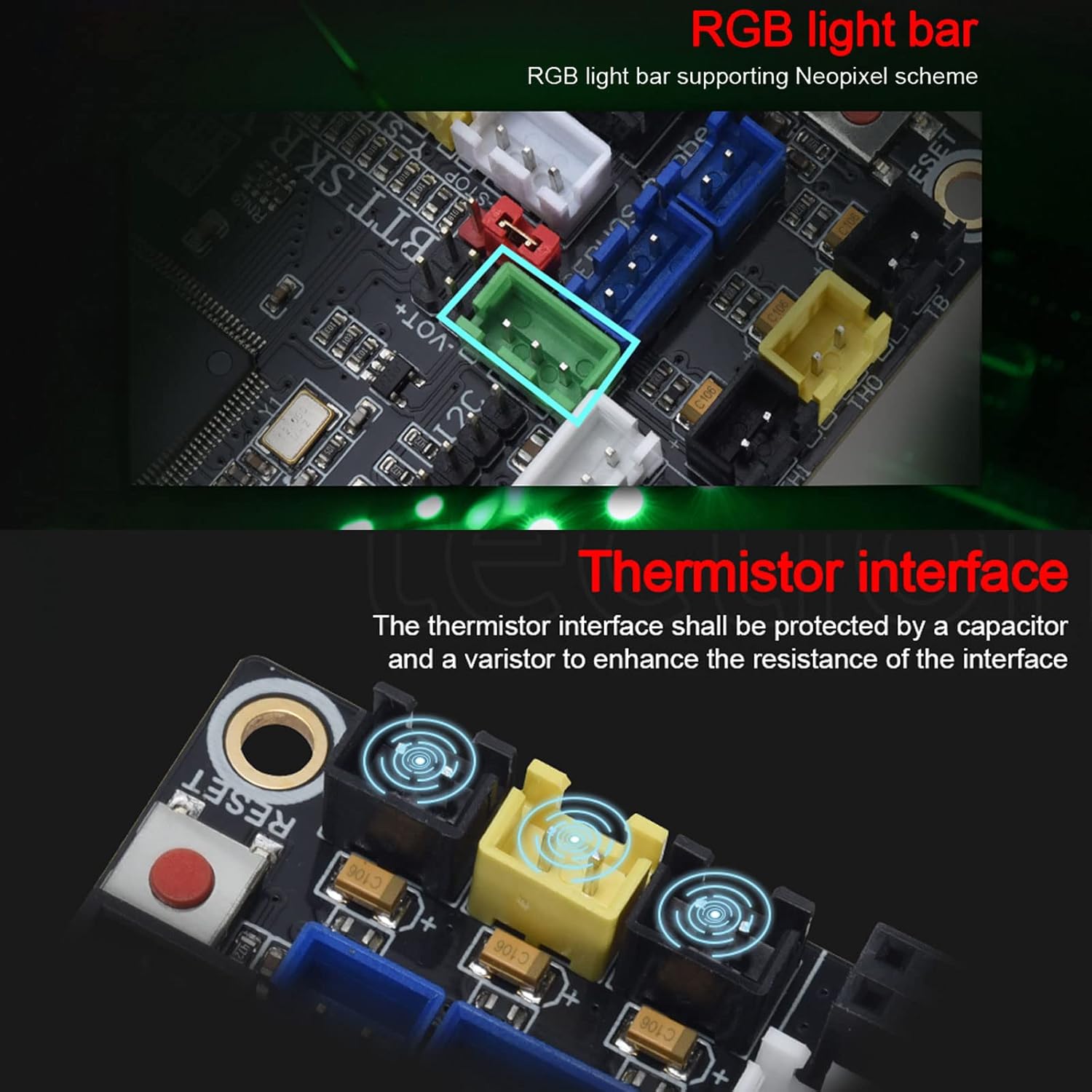 BIGTREETECH SKR V1.4 board showing RGB light bar and thermistor interfaces