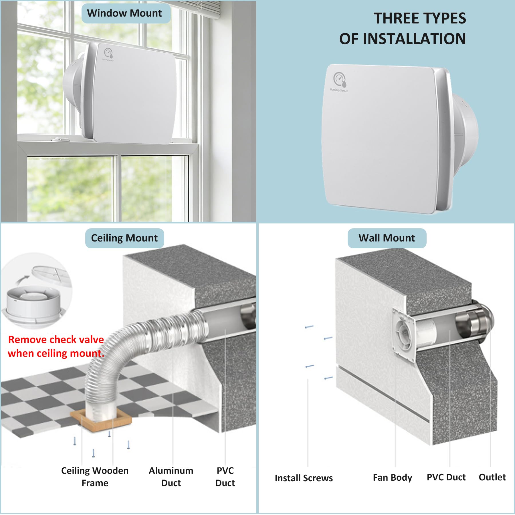 Extractor de aire 150 mm Sensor de temperatura y humedad 25 W 250 m³/h Ventilador de pared con válvula antigolpes, anillo de montaje de ventana, toma para cocina, WC, cuarto de baño