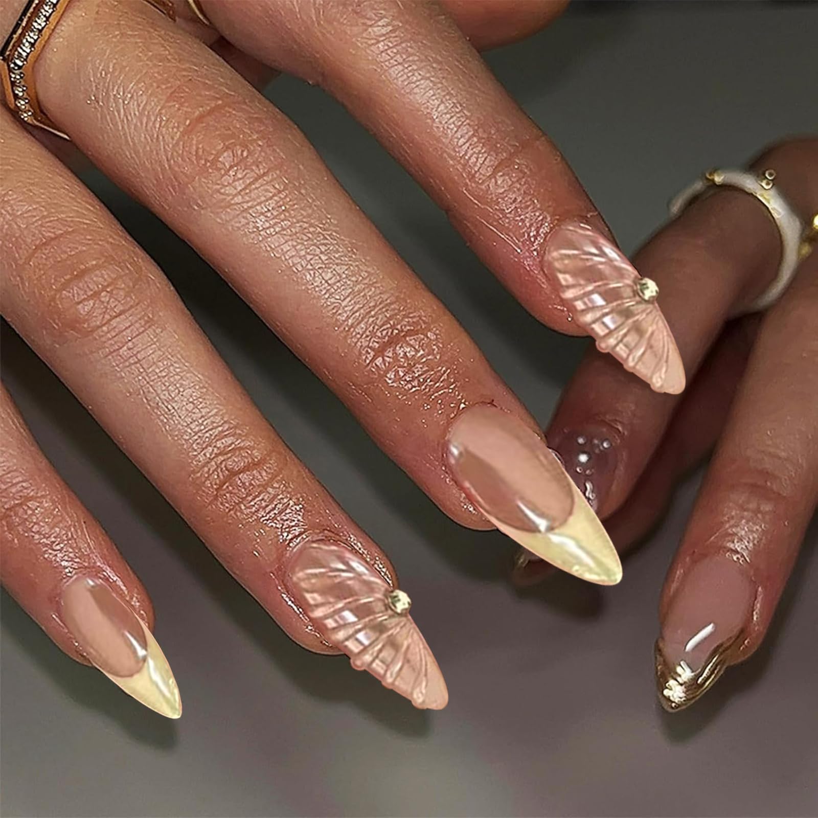 Kotkiddy 24 sztuki French Tip Press on Nails żółte średnie migdały 3D muszle linie sztuczne paznokcie z kamieniami jubilerskimi wielokrotnego użytku laserowe paznokcie akrylowe