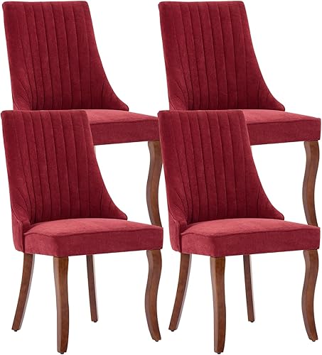 Miniatura 27 de Juego de 6 sillas de comedor, sillas de comedor de cocina con canales de lino con patas curvadas de madera maciza, silla de comedor tapizada de tela