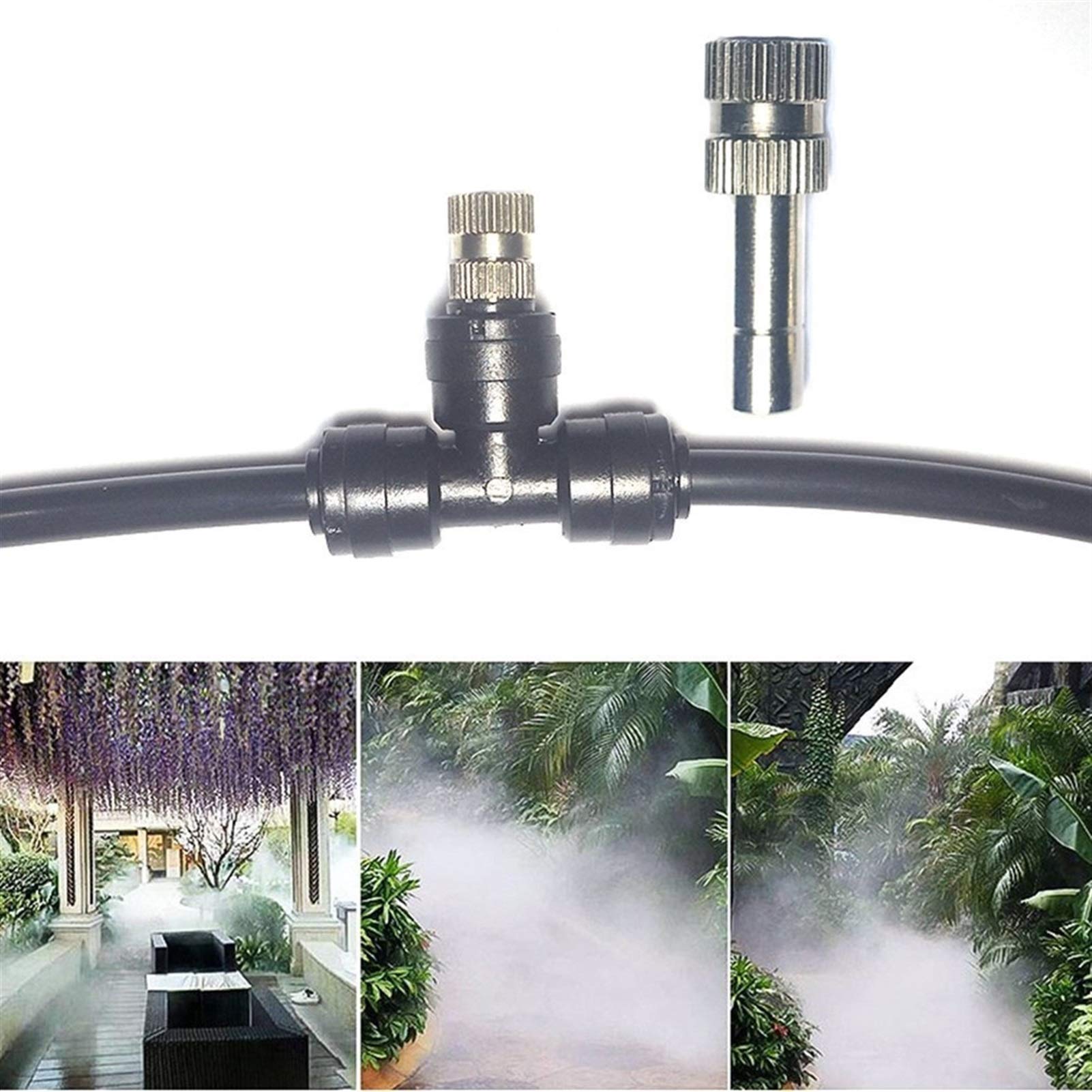 Paquete de 60 boquillas de nebulización de latón con Conexiones en T deslizantes para Sistema de refrigeración al Aire Libre Mister Boquilla Atomizador Pulverizador de Niebla Boquillas de Niebla para