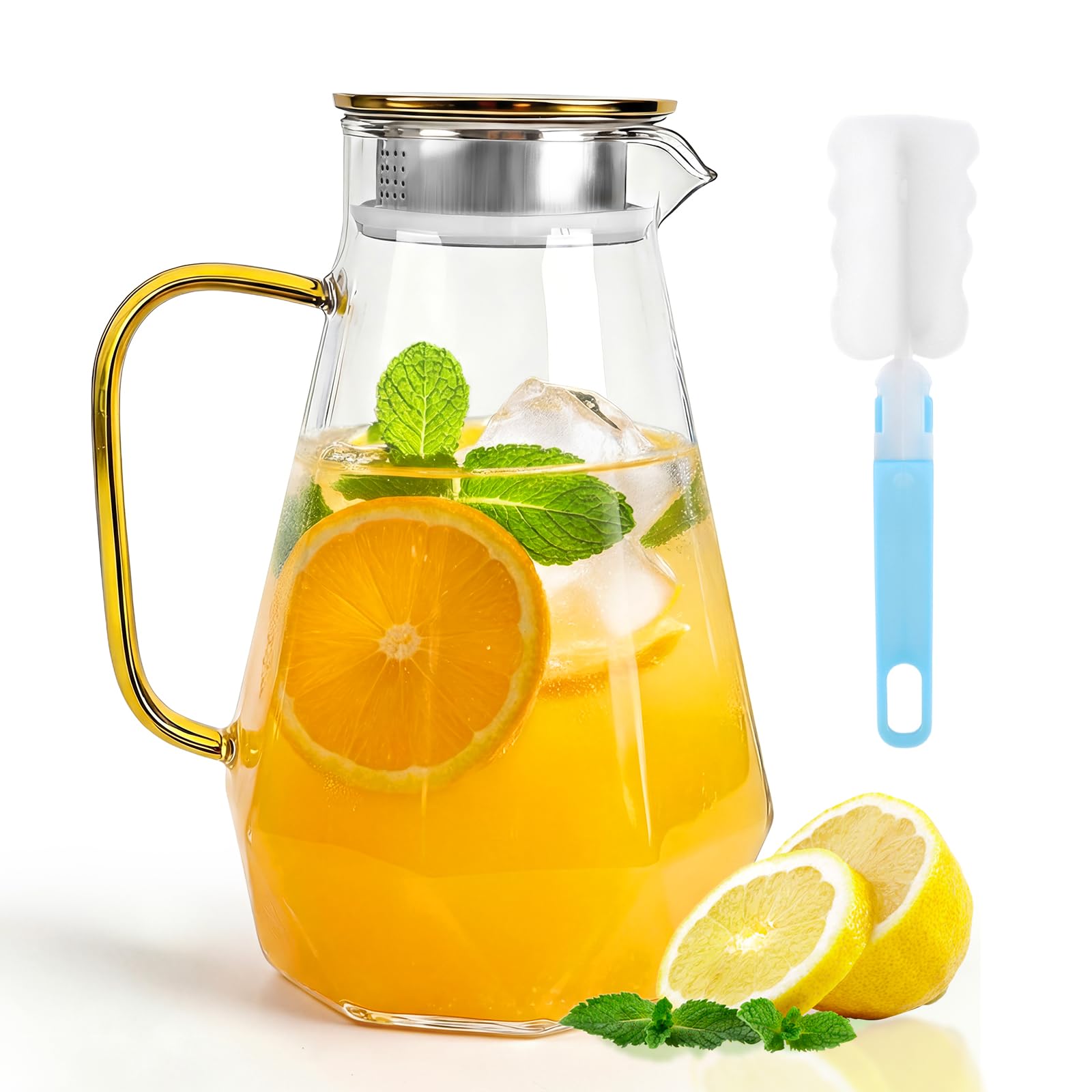 Jarra de cristal de 2 litros con asa y tapa de acero inoxidable dorada, jarra de cristal para agua, zumo, leche, café, té, lavavajillas
