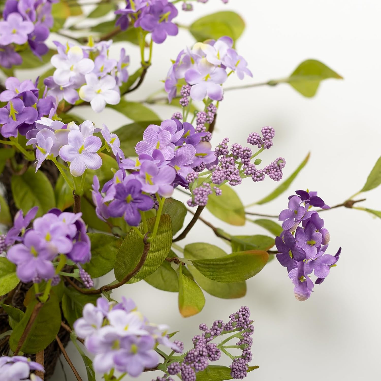 22" Spring Summer Wreath for Front Door, Artificial Lush Floral Purple Lilac Flowers Blooms Green Leaves Grapevine Base, Outdoor Indoor Wall Mount Home Decor