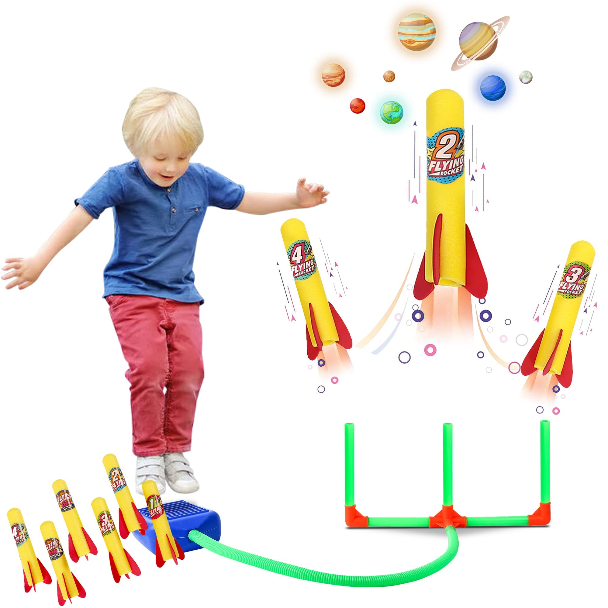 PYEBE Rocket Launchers for Kids with 6 Foam Rockets, Kids Outdoor Toys, Jump Rocket, Gift for Boys Girls Toddlers Ages 3 Years and up