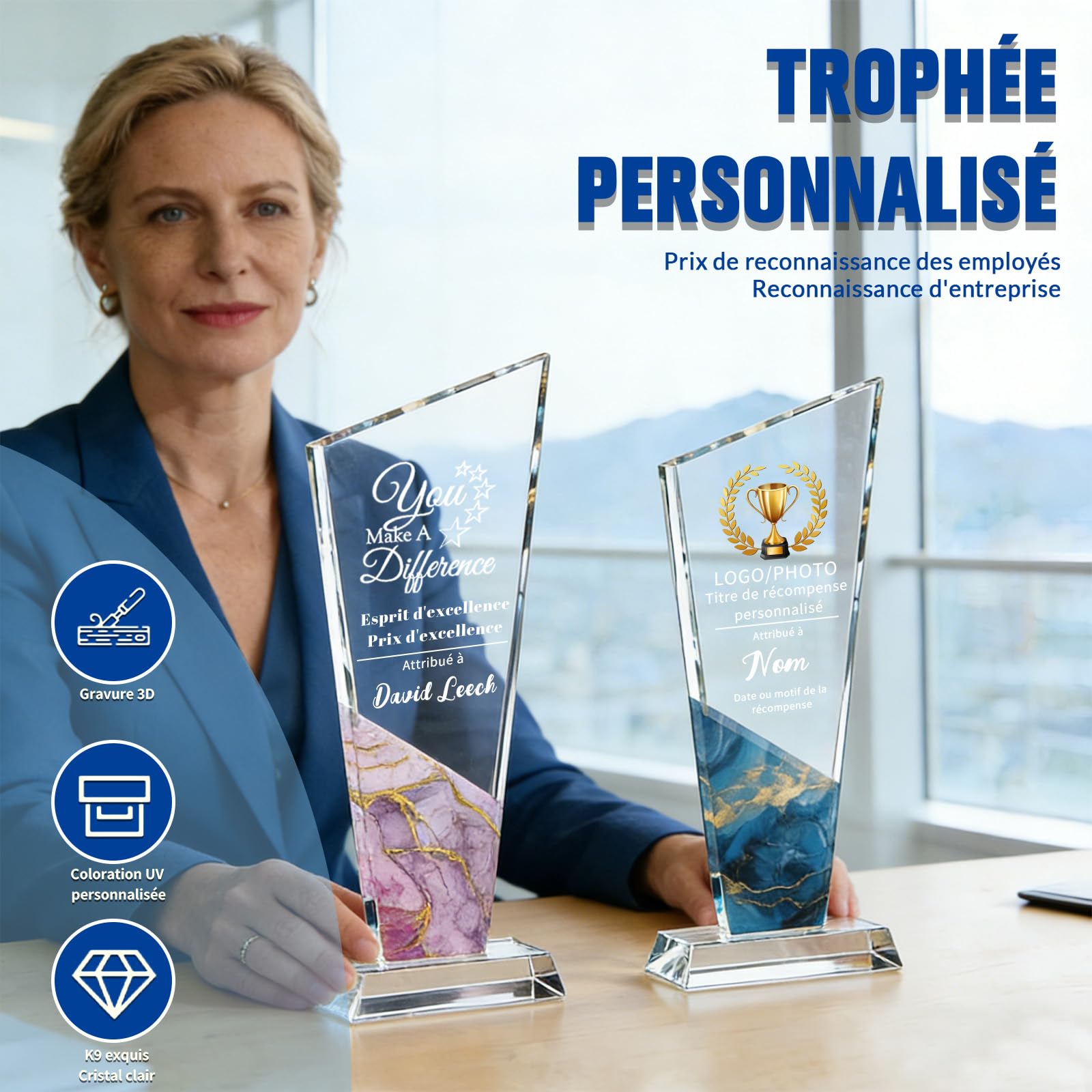 WBW Trophée Personnalisé en Cristal K9 avec Logo Photo et Texte Plaque Gravée Personnalisée 10–20 cm, Récompense en Cristal pour Employé du Mois Anniversaire Retraite Football