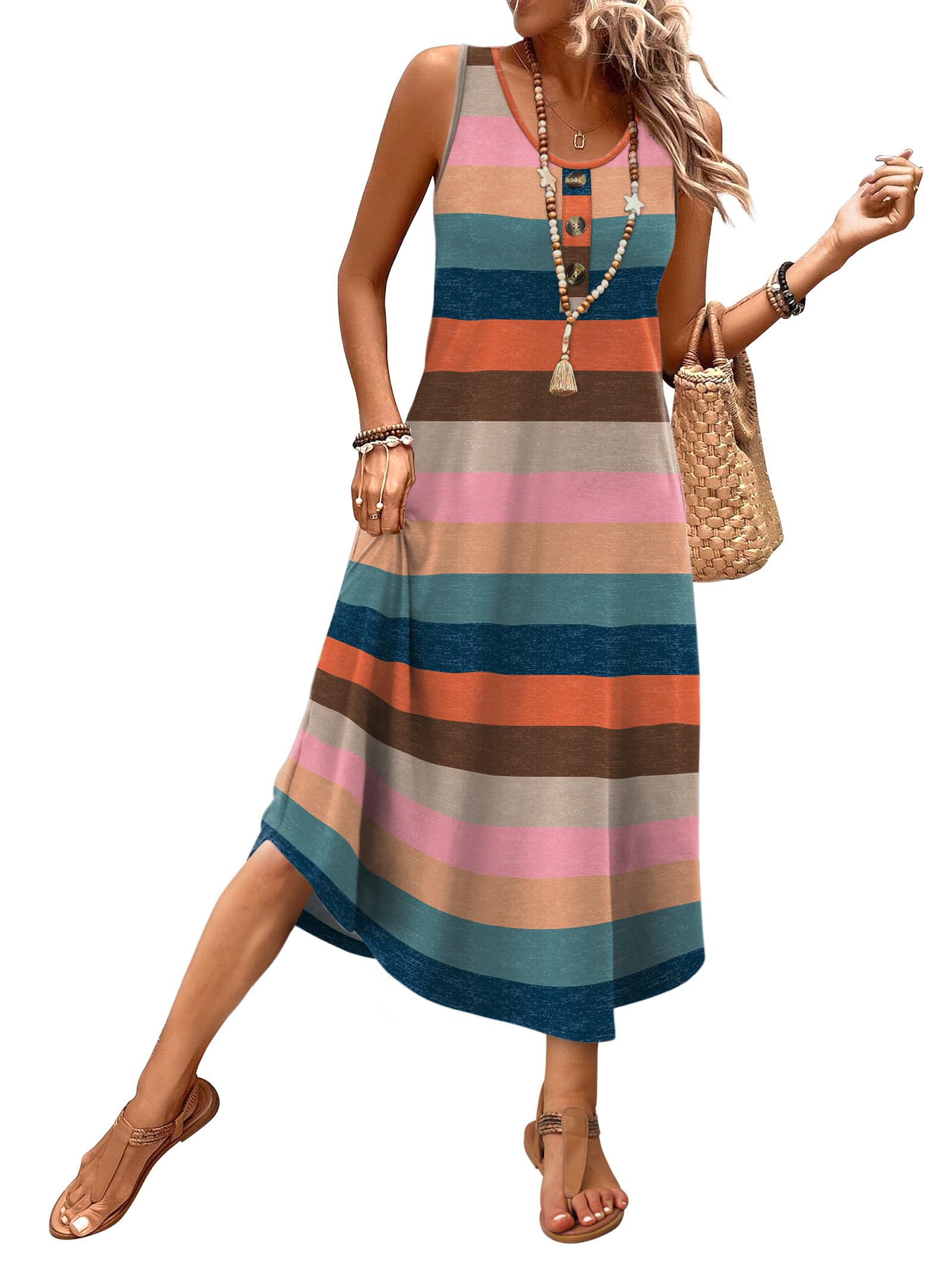 WIHOLL Summer Dresses for Women 2026 Button Front Sleeveless Casual Midi Dress Beach Vacation Sundresses with Pockets