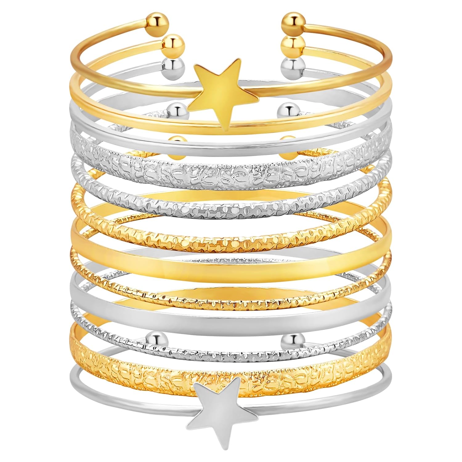 YBMYCM Conjunto de 10 pulseiras de ouro para mulheres, multicamadas, empilháveis, largas, pulseiras indianas, grossas, étnicas, brilhantes, texturizadas, bijuterias