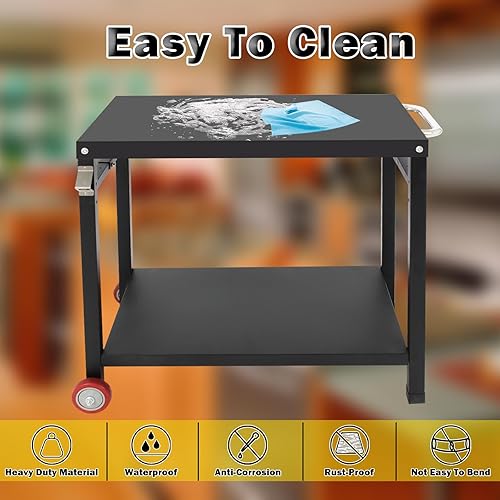 Miniatura 11 de Soporte para horno de pizza, mesa para parrilla al aire libre, carrito de mesa para horno de pizza con ruedas y ganchos, carrito de pizza de acero