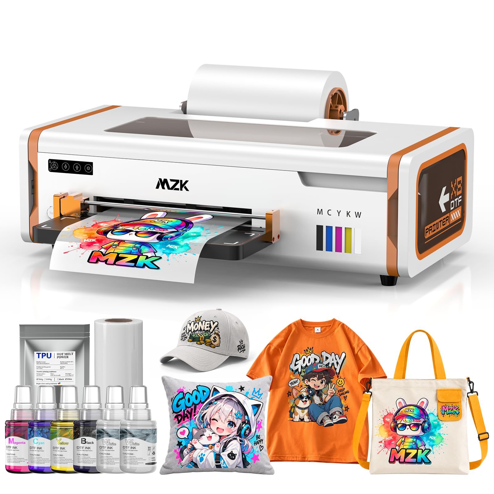 MZK A4 DTF Printer With F1080 Printhead New Model X8,2x print speed vs L1800,Auto-Timer Cleaning&amp;Ink Anti-Clog Filter/Stirring,Compatible MAC/Wins for T-Shirt Small Business,2-Year Ink Supply Included