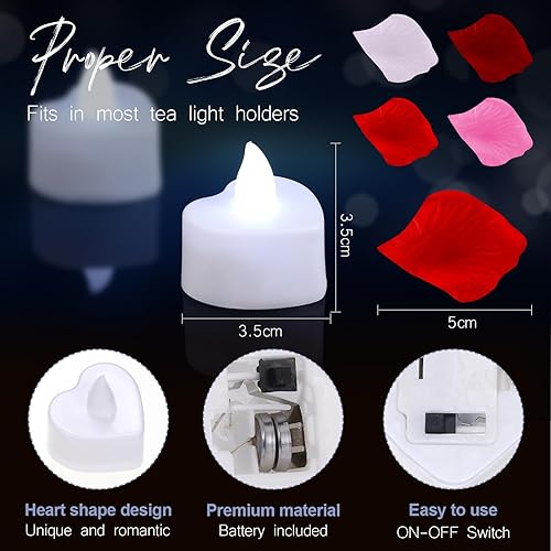 Miniatura 4 de Honoson 1000 pétalos de rosa artificiales con 24 velas LED en forma de corazón sin llama, velas románticas para decoración de mesa de aniversario de