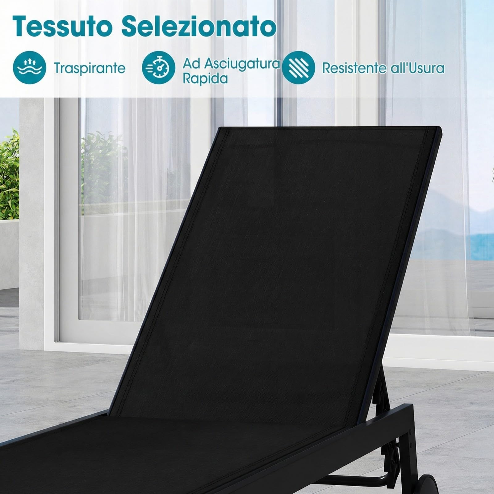 COSTWAY Lettino Prendisole da Giardino, Sdraio da Patio con Schienale Regolabile a 6 Posizioni, Tessuto Traspirante, 2 Ruote, per Piscina, Terrazza e Giardino, Portata 150 kg (Nero,1)