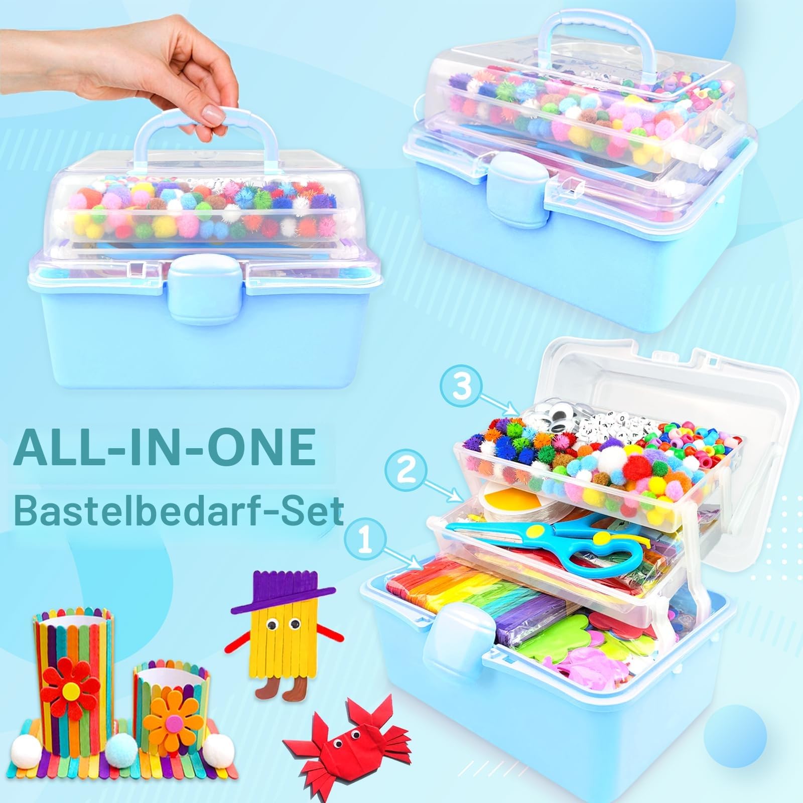 3000 Bastelset Kinder Basteln Bastelkoffer mit Pfeifenreiniger Bastelsets für Kinder im Alter von 4-6, 6-8, 8-12 DIY Schulbedarf Material Bastelbox Set Spielzeug Geschenke für Mädchen Jungen, Blau
