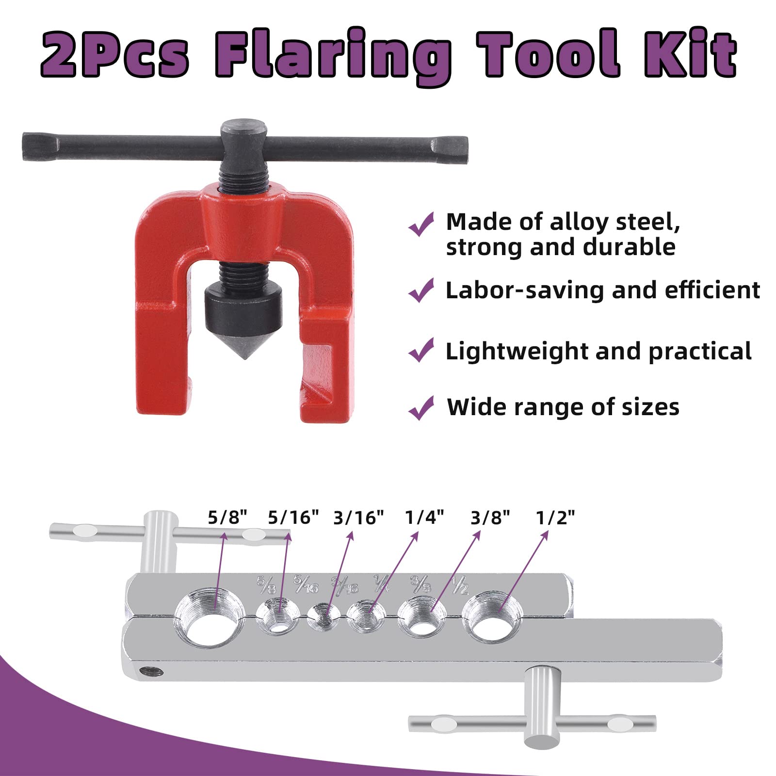 Swpeet Kit de herramientas de avellanado doble para automóvil de 3 piezas y juego surtido de curvador de tubo de 3 en 1 de 180 grados, herramientas de avellanado de línea de 5/8" 5/16" 3/16" 1/4" 3/8